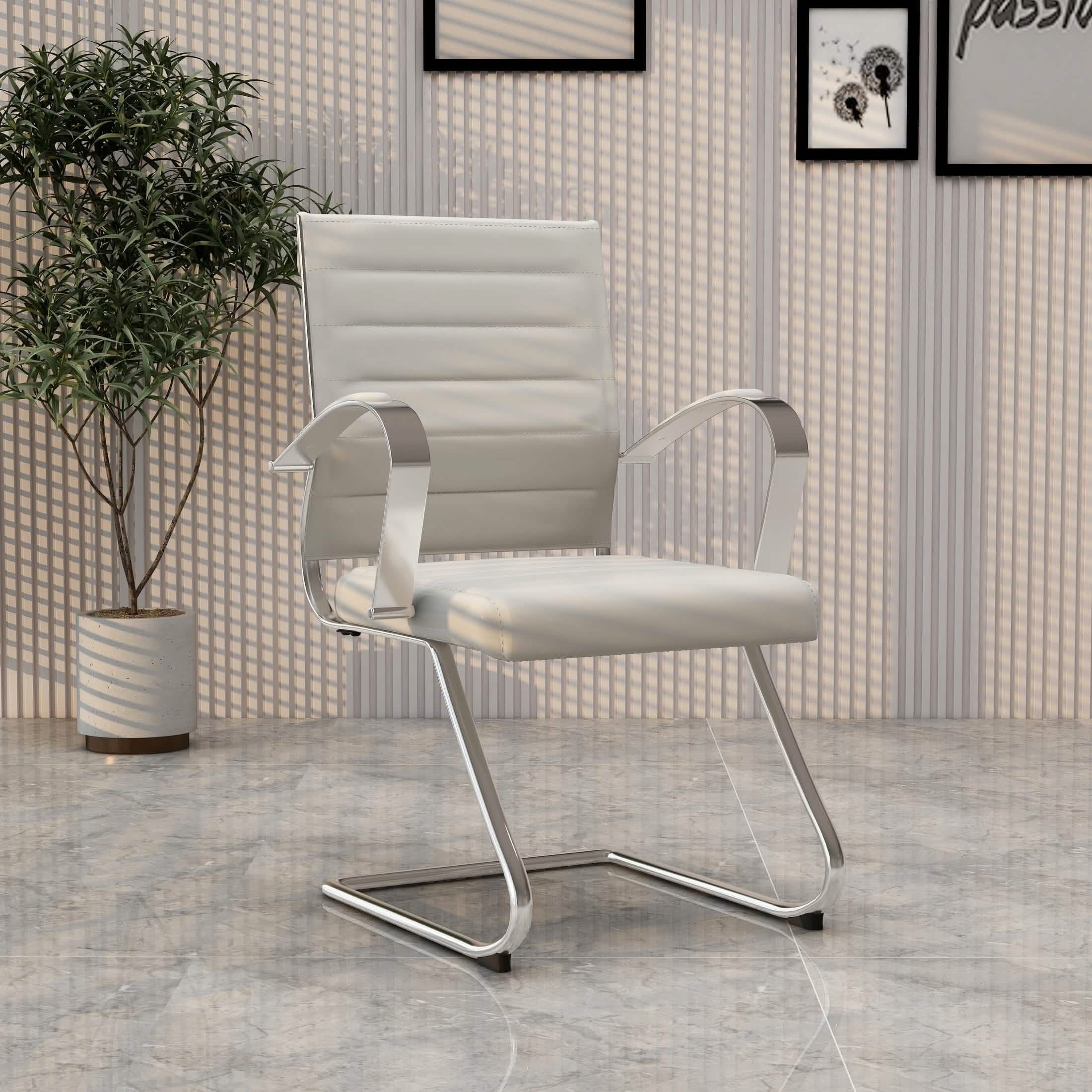 Benmar Mid-Back Office Conference Chair Upholstered in Leather with Stainless Steel Sled Base Tan Office Chair Leisuremod
