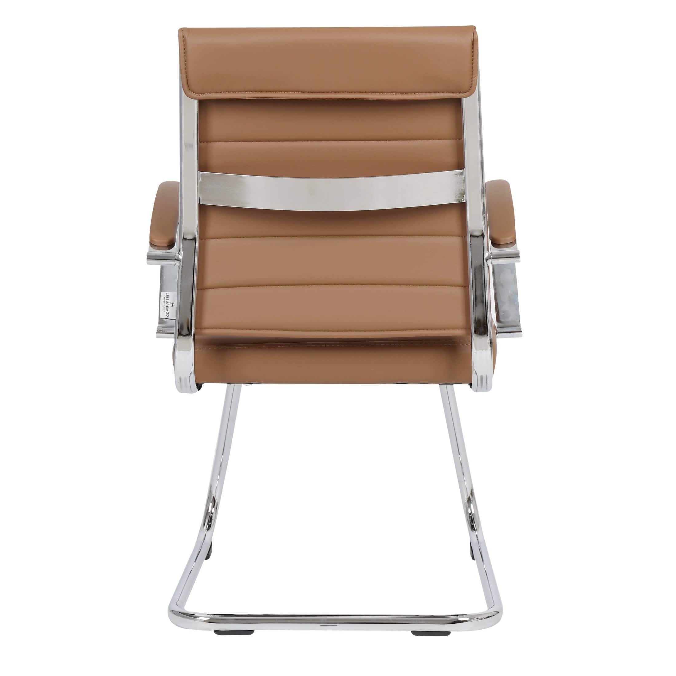 Benmar Mid-Back Office Conference Chair Upholstered in Leather with Stainless Steel Sled Base Light Brown Office Chair Leisuremod