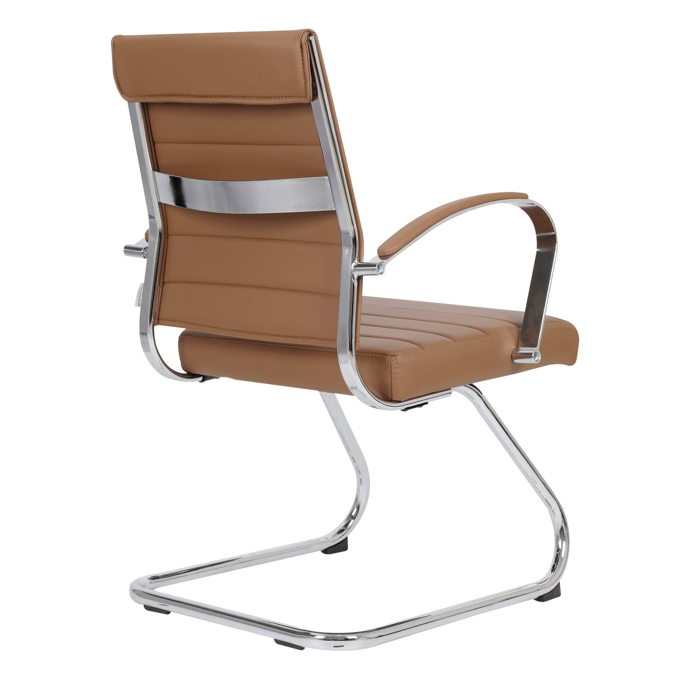 Benmar Mid-Back Office Conference Chair Upholstered in Leather with Stainless Steel Sled Base Light Brown Office Chair Leisuremod