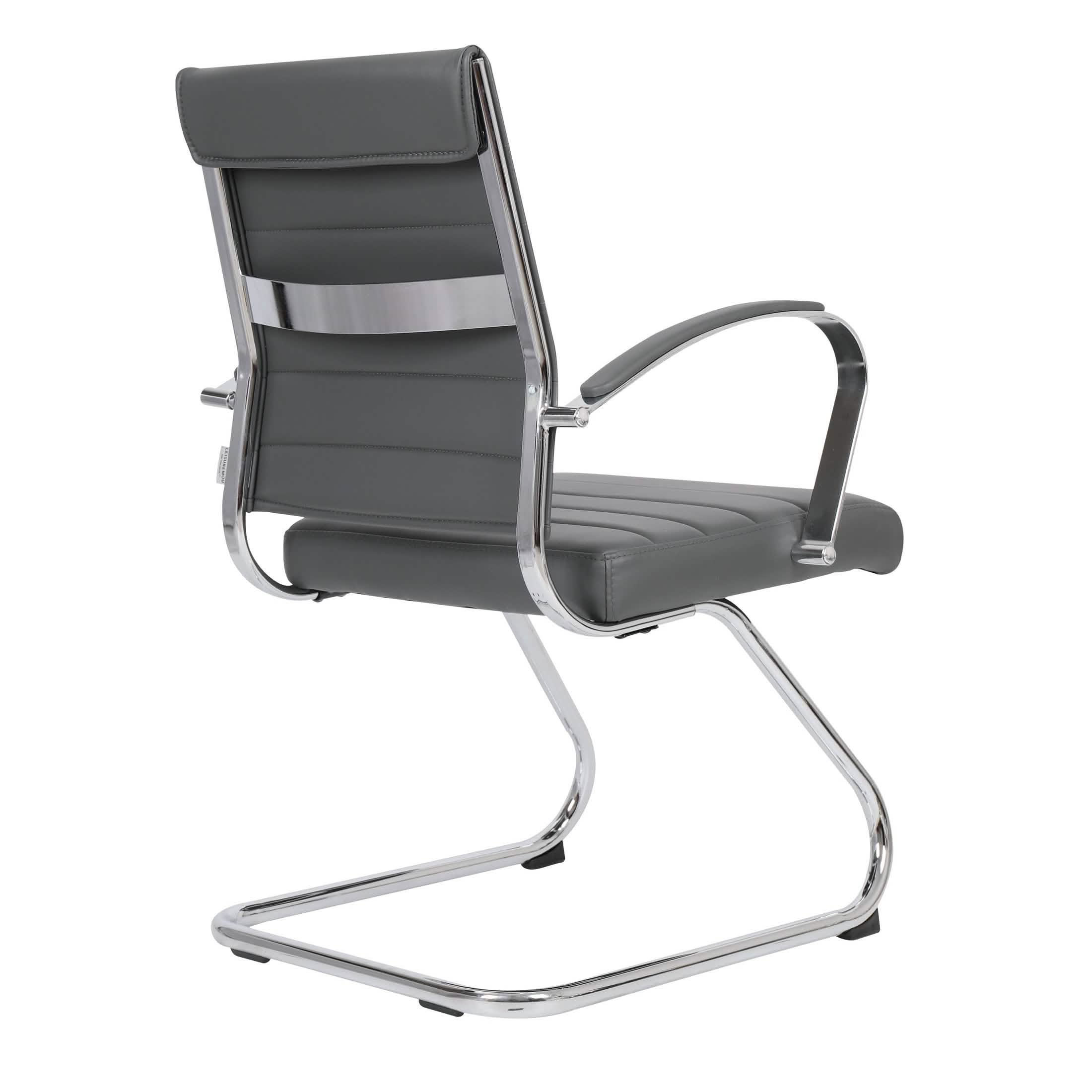 Benmar Mid-Back Office Conference Chair Upholstered in Leather with Stainless Steel Sled Base Grey Office Chair Leisuremod