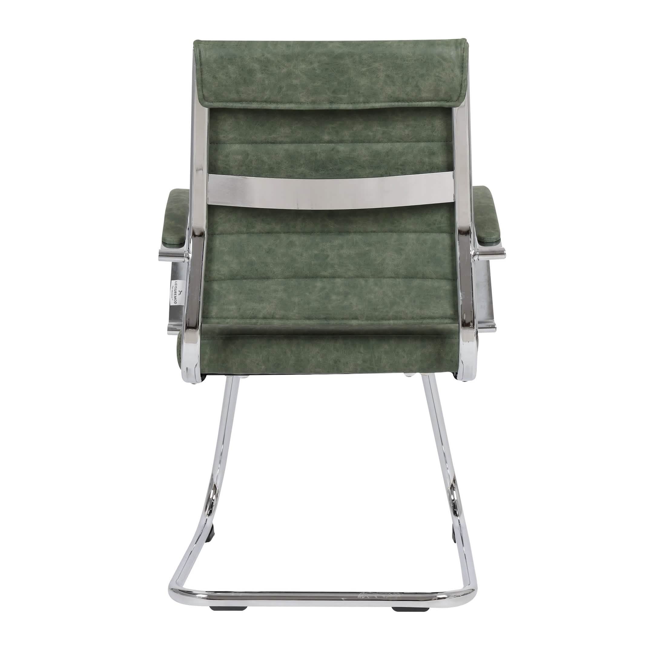 Benmar Mid-Back Office Conference Chair Upholstered in Leather with Stainless Steel Sled Base Green Office Chair Leisuremod