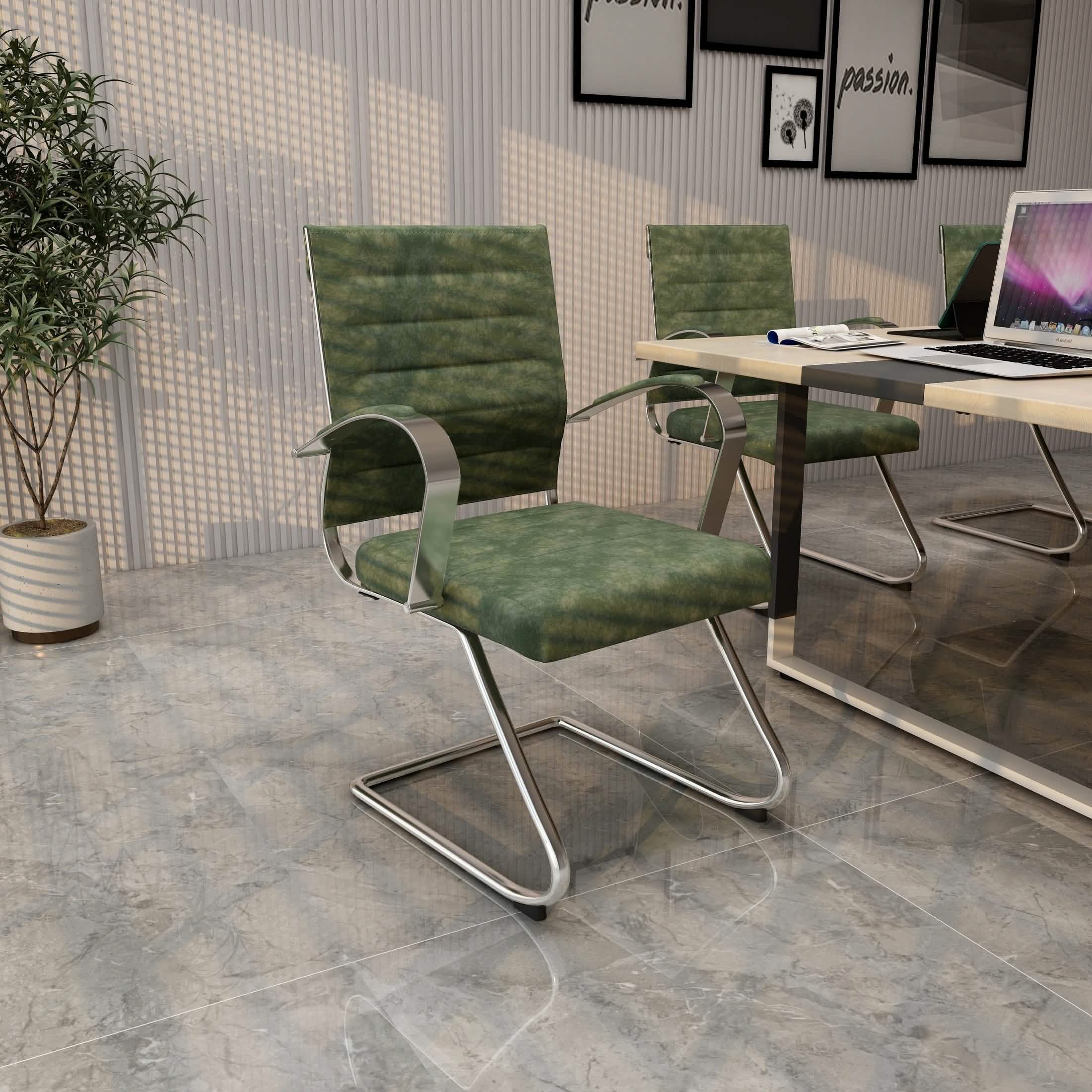 Benmar Mid-Back Office Conference Chair Upholstered in Leather with Stainless Steel Sled Base Green Office Chair Leisuremod