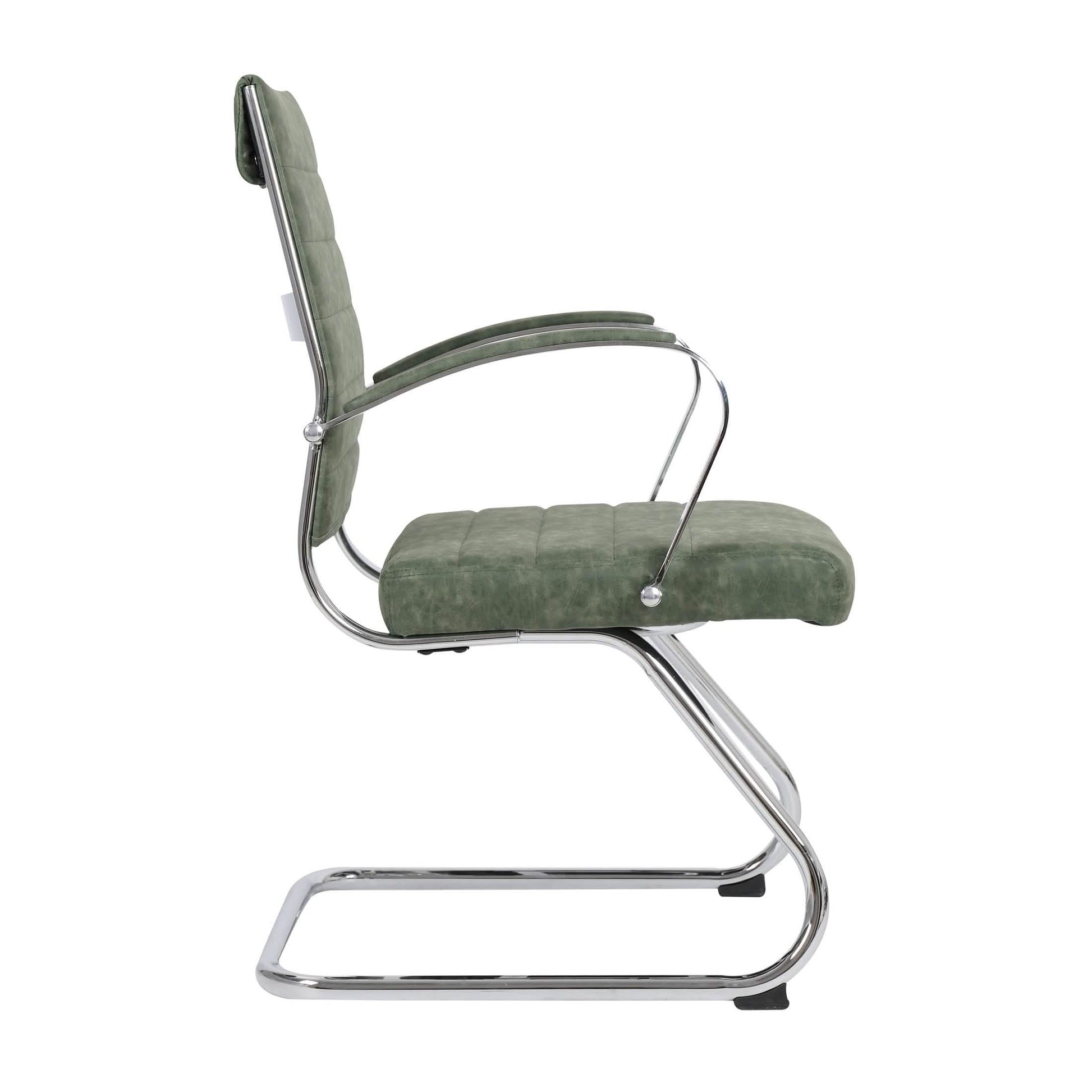 Benmar Mid-Back Office Conference Chair Upholstered in Leather with Stainless Steel Sled Base Green Office Chair Leisuremod