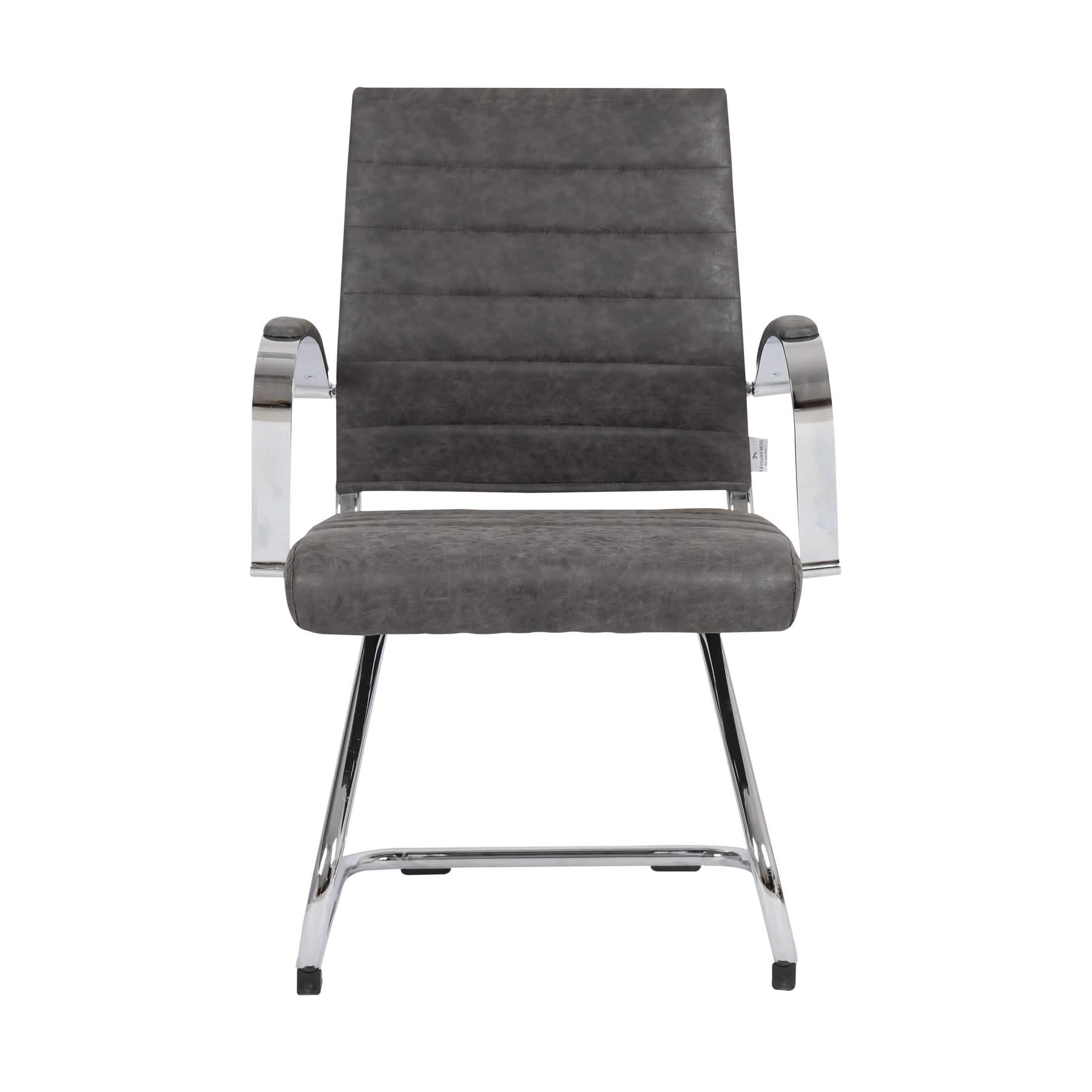 Benmar Mid-Back Office Conference Chair Upholstered in Leather with Stainless Steel Sled Base Charcoal Office Chair Leisuremod