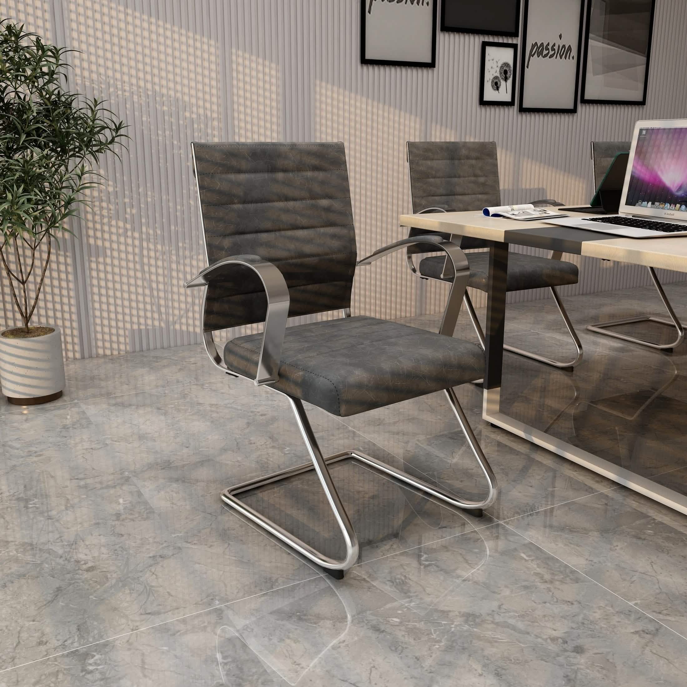 Benmar Mid-Back Office Conference Chair Upholstered in Leather with Stainless Steel Sled Base Charcoal Office Chair Leisuremod