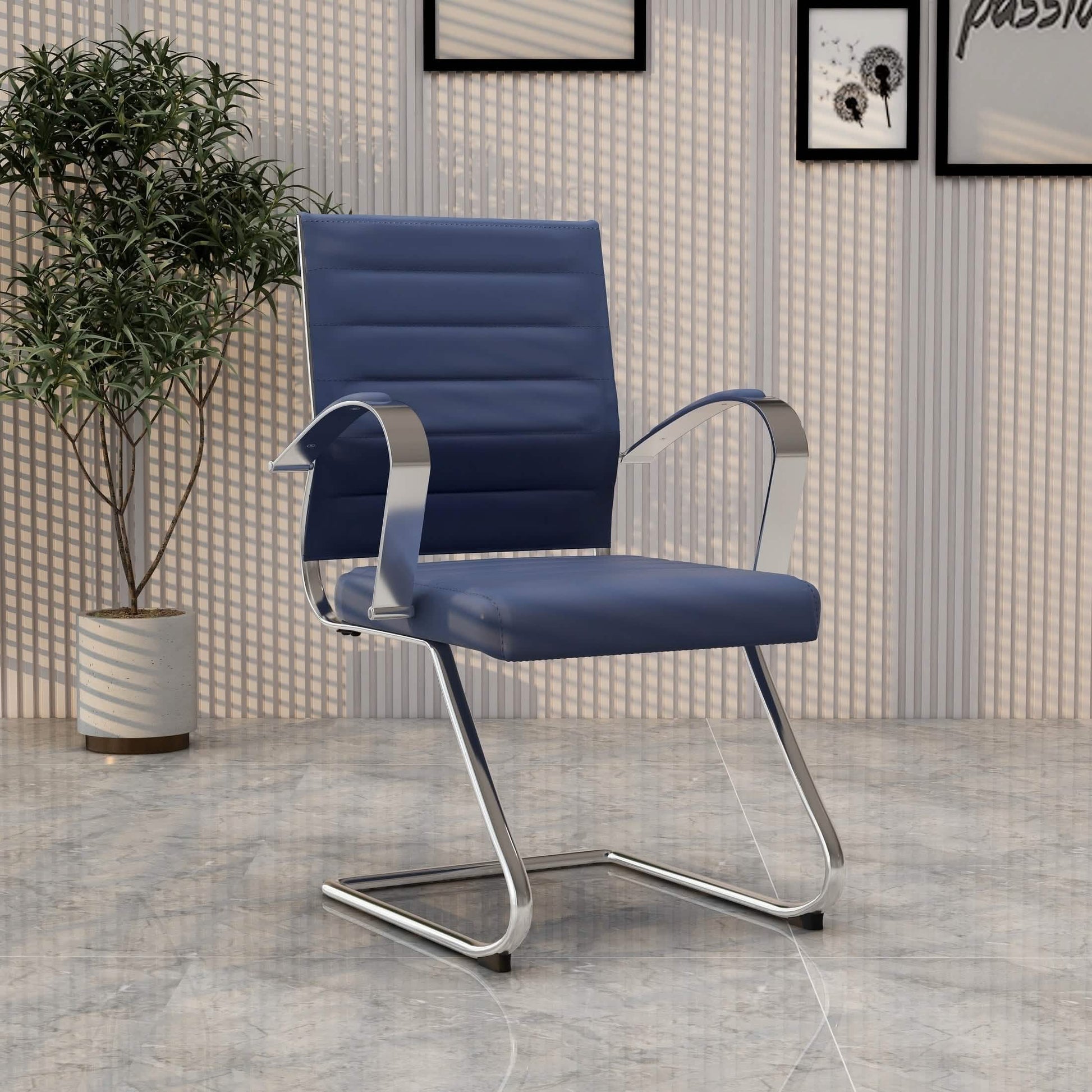 Benmar Mid-Back Office Conference Chair Upholstered in Leather with Stainless Steel Sled Base Navy Blue Office Chair Leisuremod