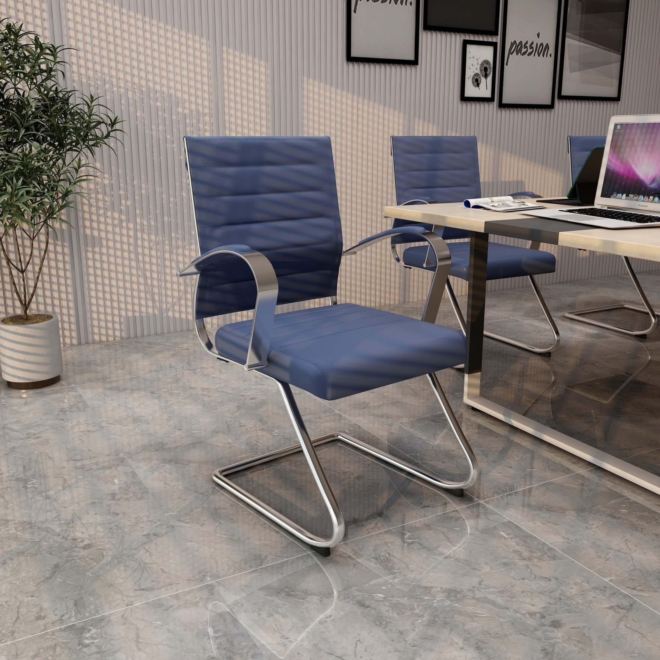 Benmar Mid-Back Office Conference Chair Upholstered in Leather with Stainless Steel Sled Base Navy Blue Office Chair Leisuremod