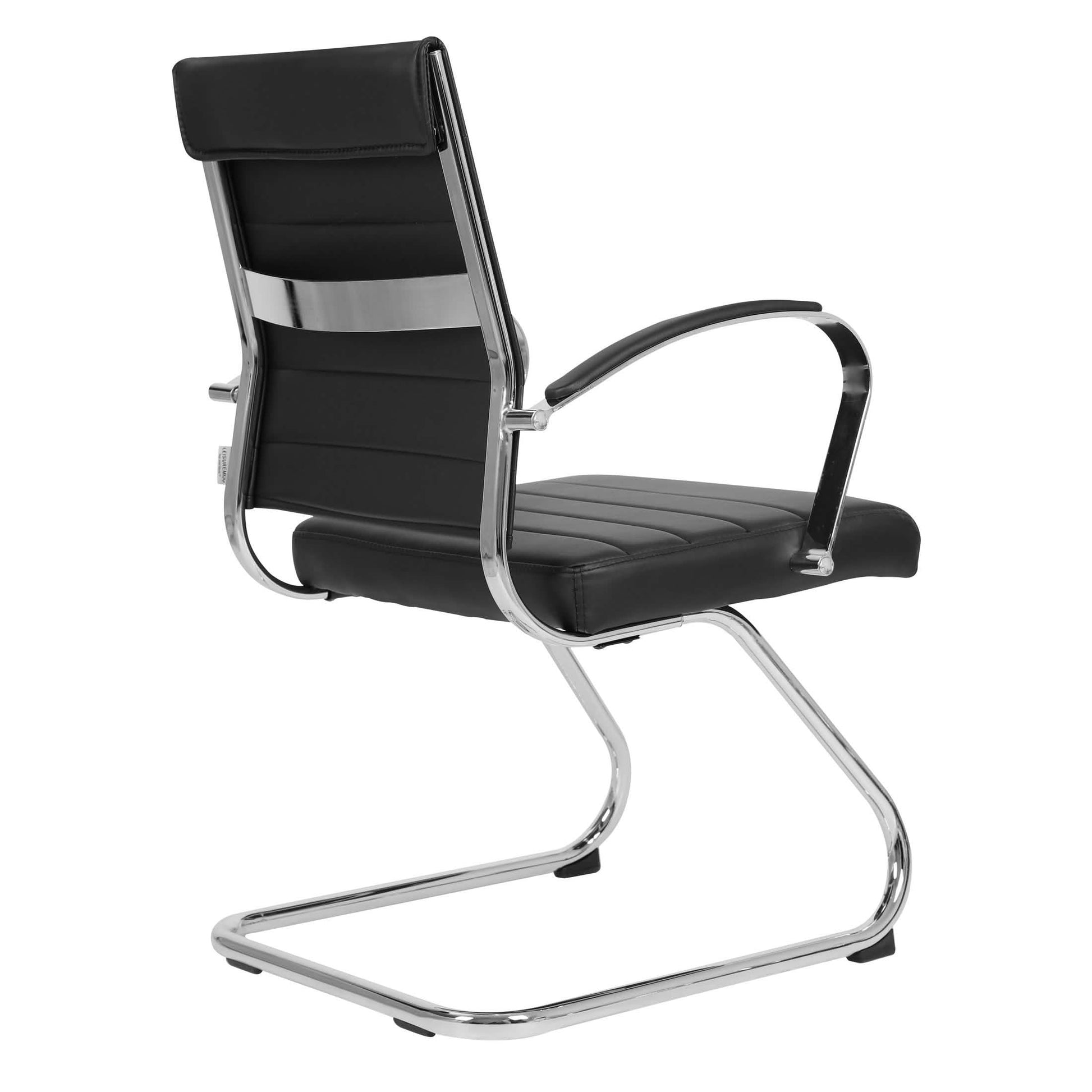 Benmar Mid-Back Office Conference Chair Upholstered in Leather with Stainless Steel Sled Base Black Office Chair Leisuremod