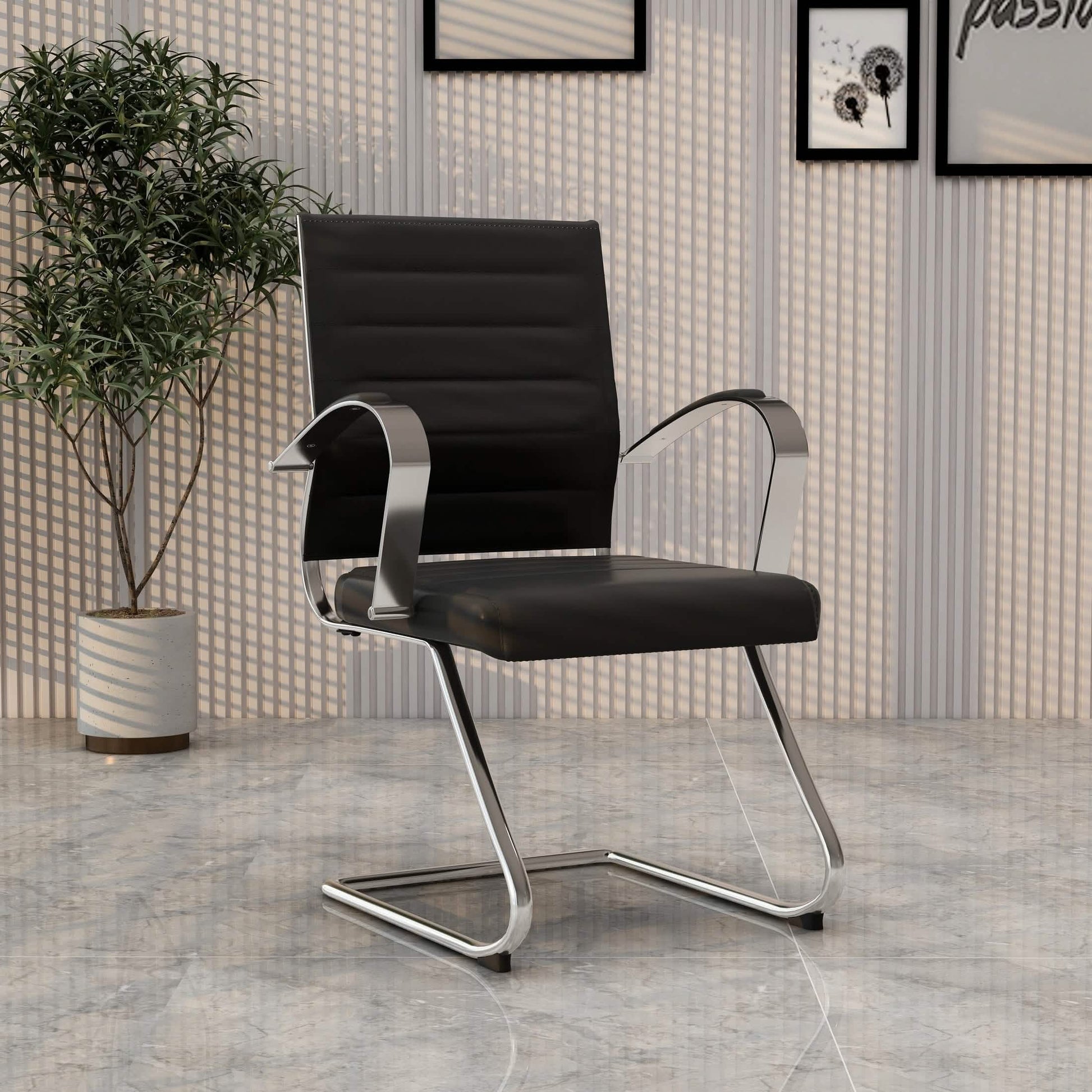 Benmar Mid-Back Office Conference Chair Upholstered in Leather with Stainless Steel Sled Base Black Office Chair Leisuremod