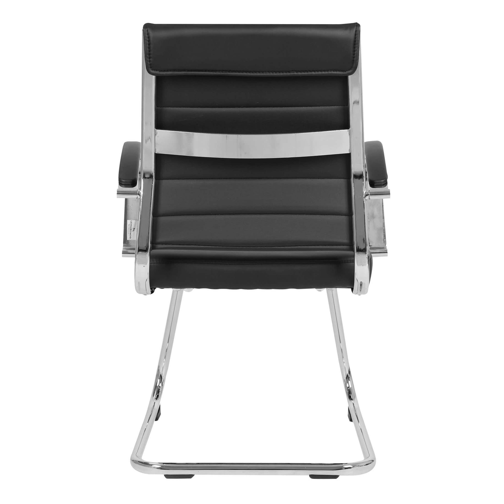 Benmar Mid-Back Office Conference Chair Upholstered in Leather with Stainless Steel Sled Base Black Office Chair Leisuremod