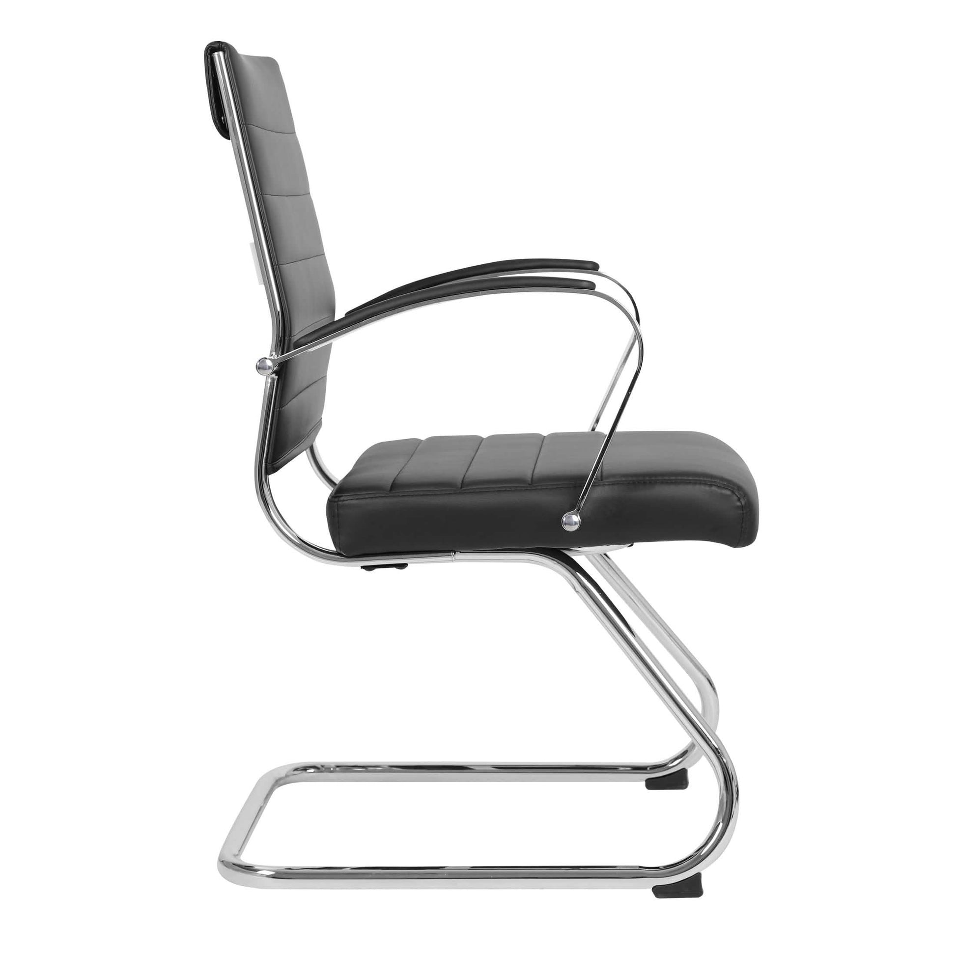 Benmar Mid-Back Office Conference Chair Upholstered in Leather with Stainless Steel Sled Base Black Office Chair Leisuremod