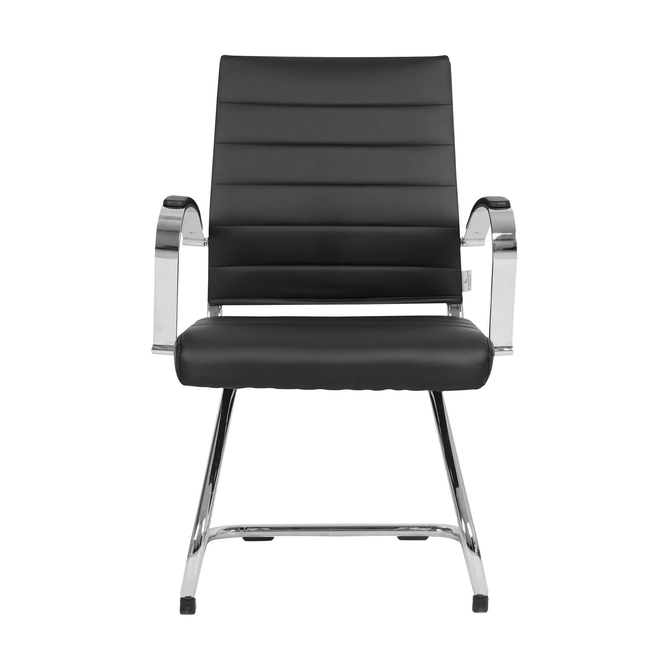 Benmar Mid-Back Office Conference Chair Upholstered in Leather with Stainless Steel Sled Base Black Office Chair Leisuremod