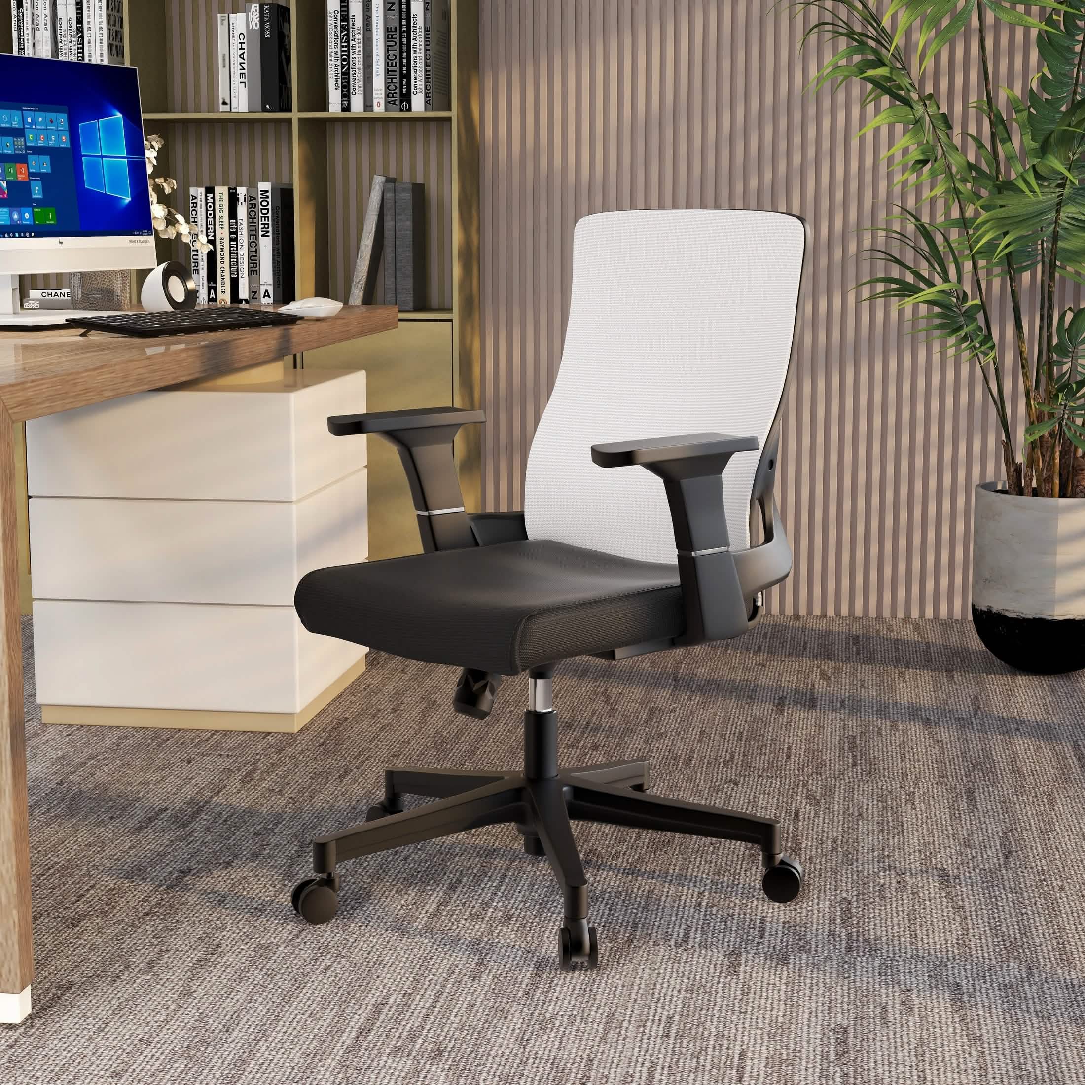 Brio Mid-Back Adjustable Office Chair Upholstered in Cotton White Office Chair Leisuremod