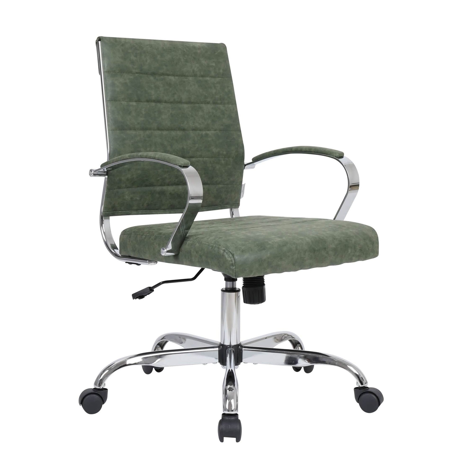 Benmar Mid-Back Leather Office Conference Chair Adjustable Height, Swivel, and Tilt Chrome Green Office Chair Leisuremod