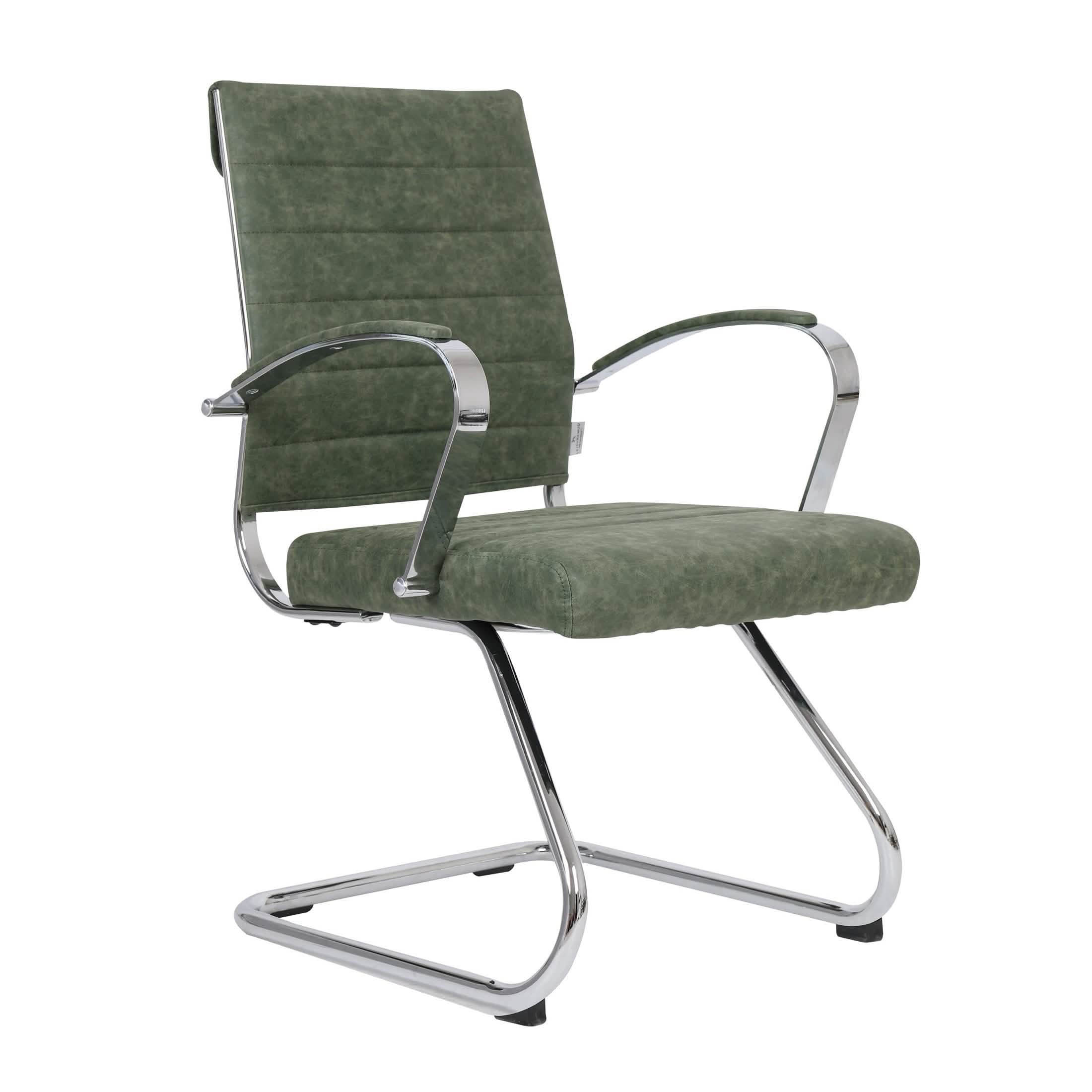 Benmar Mid-Back Office Conference Chair Upholstered in Leather with Stainless Steel Sled Base Green Office Chair Leisuremod