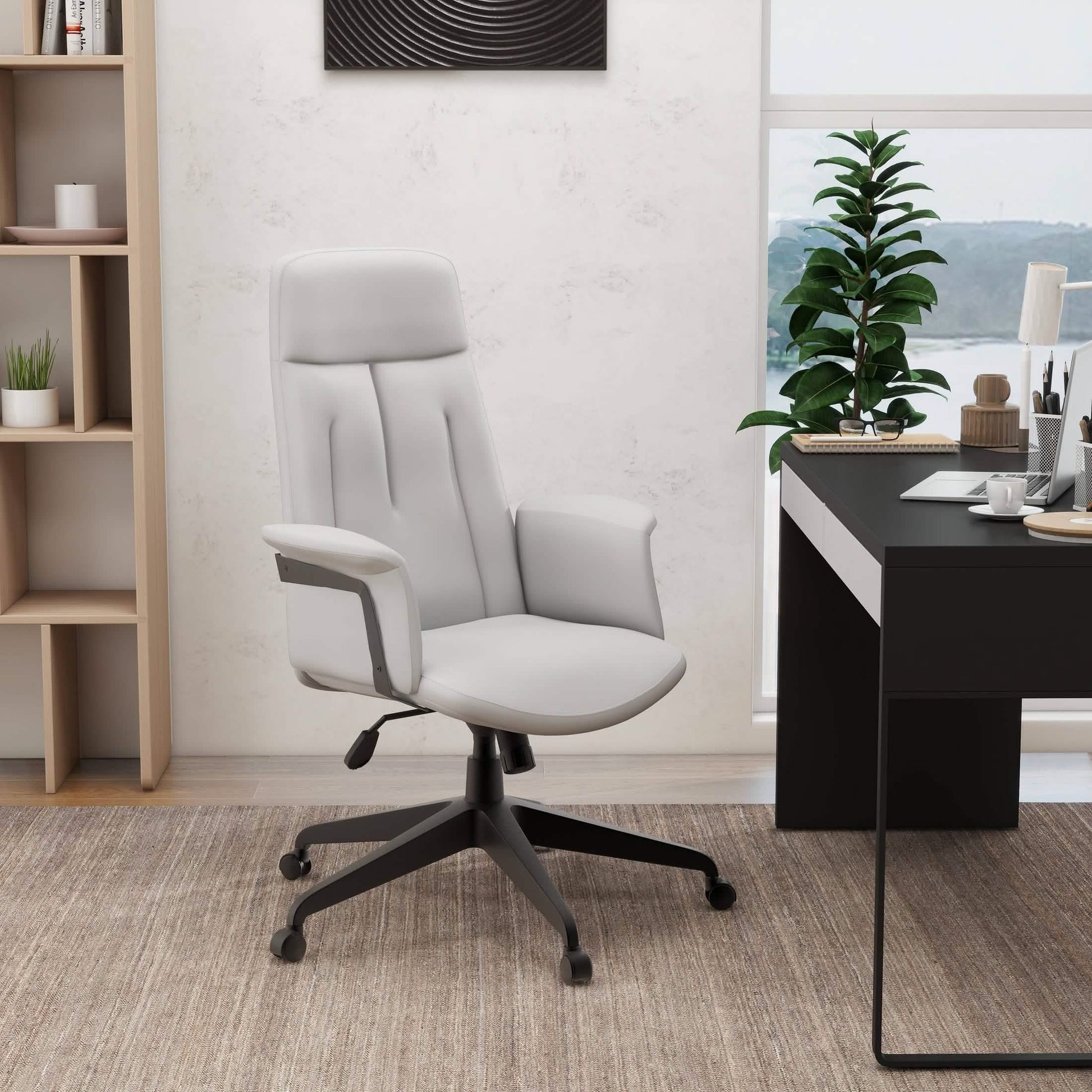 Inifini High-Back Leather Ergonomic Office Chair With Lumbar Support, Adjustable Hight and Swivel White Office Chair Leisuremod