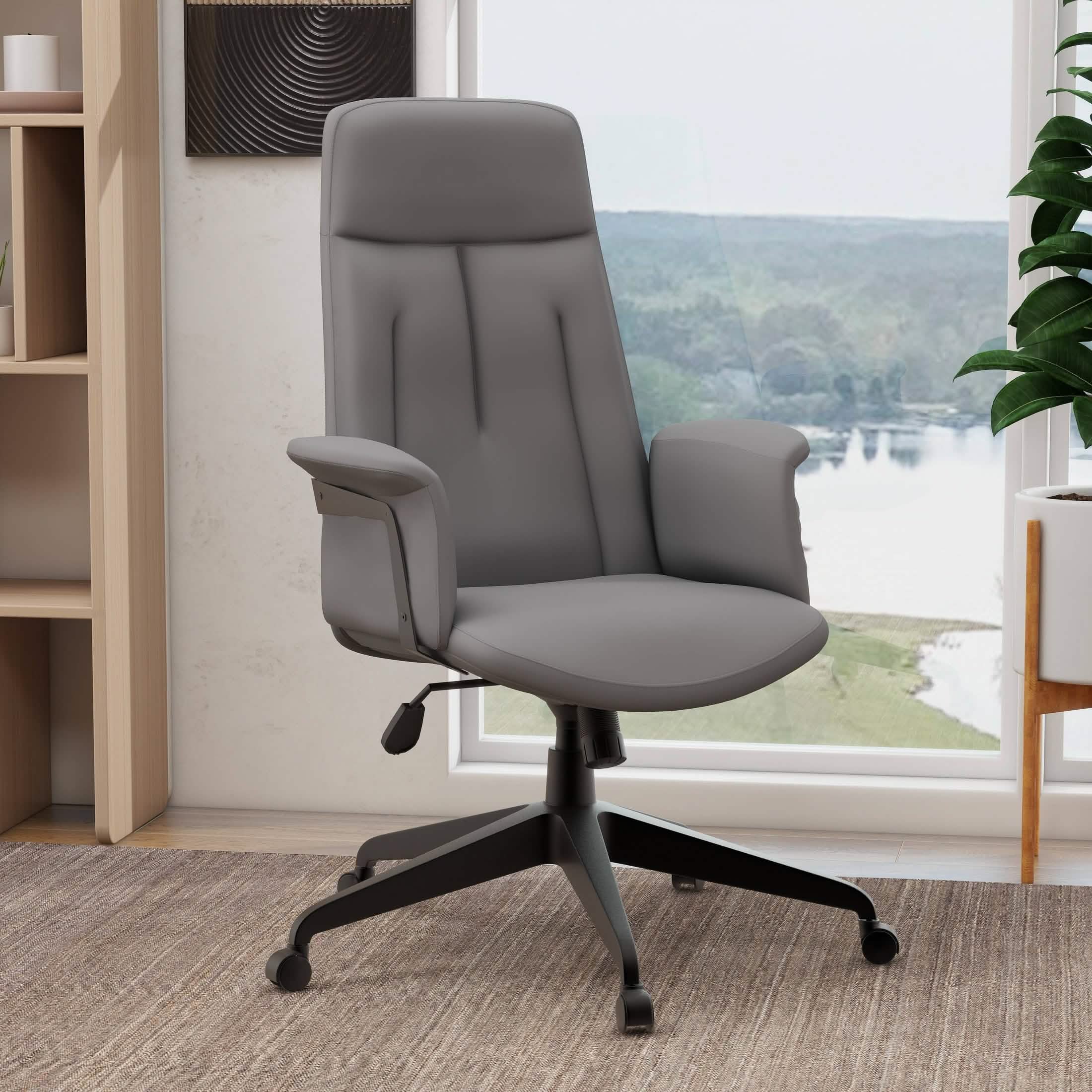 Inifini High-Back Leather Ergonomic Office Chair With Lumbar Support, Adjustable Hight and Swivel Grey Office Chair Leisuremod