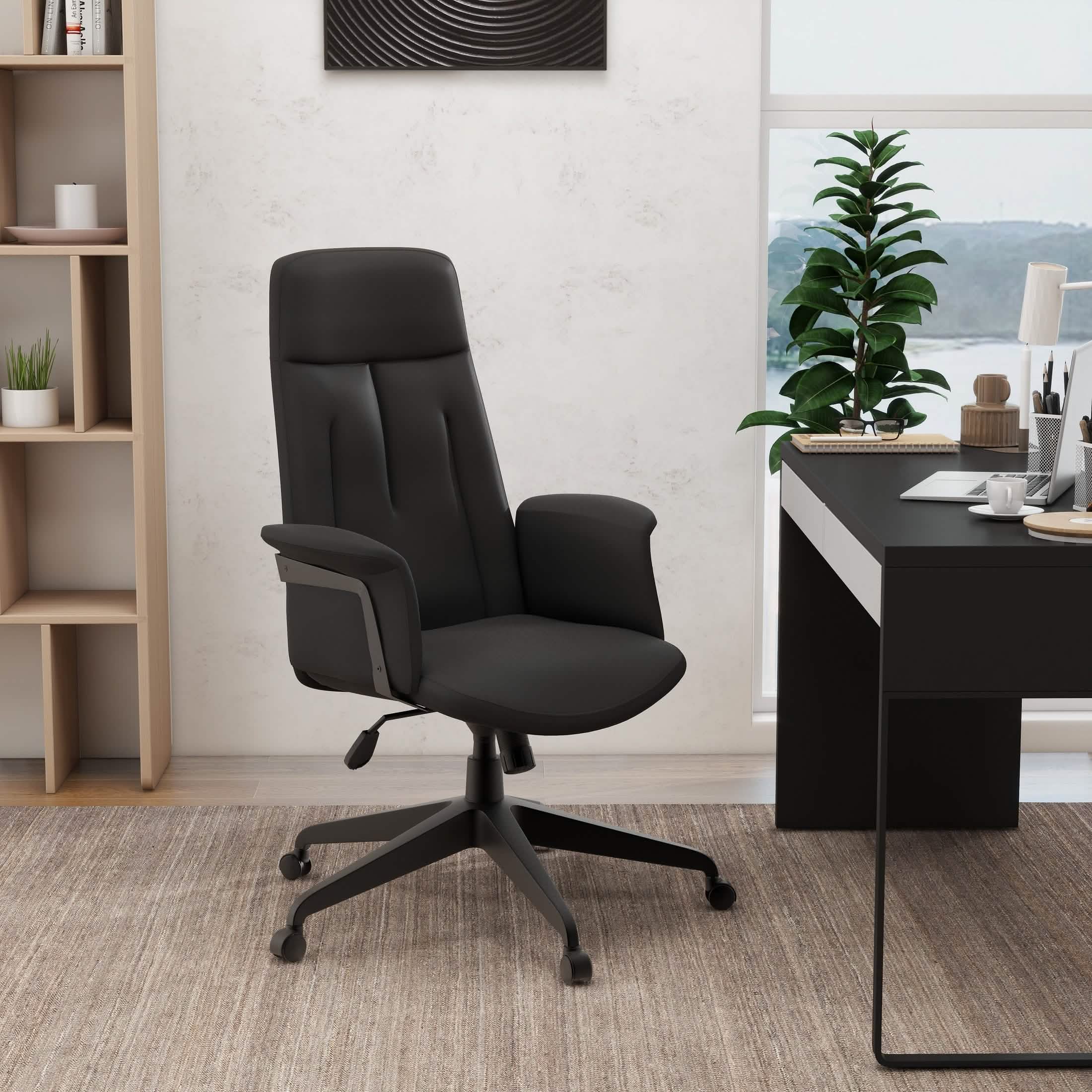 Inifini High-Back Leather Ergonomic Office Chair With Lumbar Support, Adjustable Hight and Swivel Black Office Chair Leisuremod
