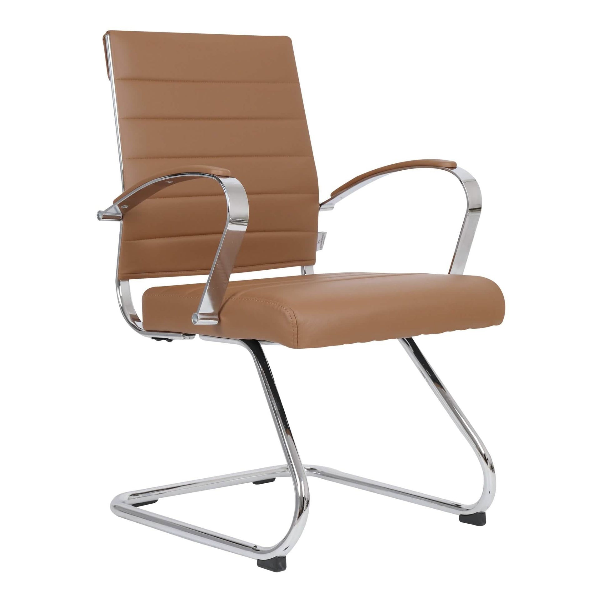 Benmar Mid-Back Office Conference Chair Upholstered in Leather with Stainless Steel Sled Base Light Brown Office Chair Leisuremod