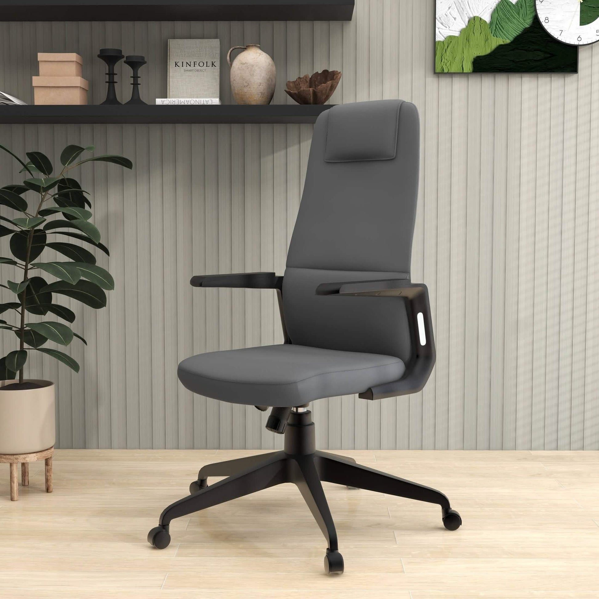 Nexa High-Back Conference Office Chair in Leather/Polyester Adjustable Height Swivel and Tilt Grey Leather Office Chair Leisuremod