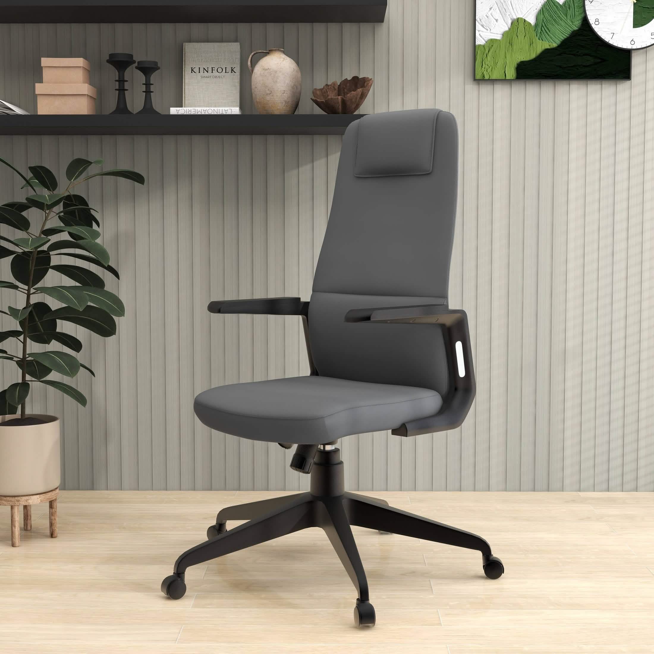 Nexa High-Back Conference Office Chair in Leather/Polyester Adjustable Height Swivel and Tilt Grey Leather Office Chair Leisuremod