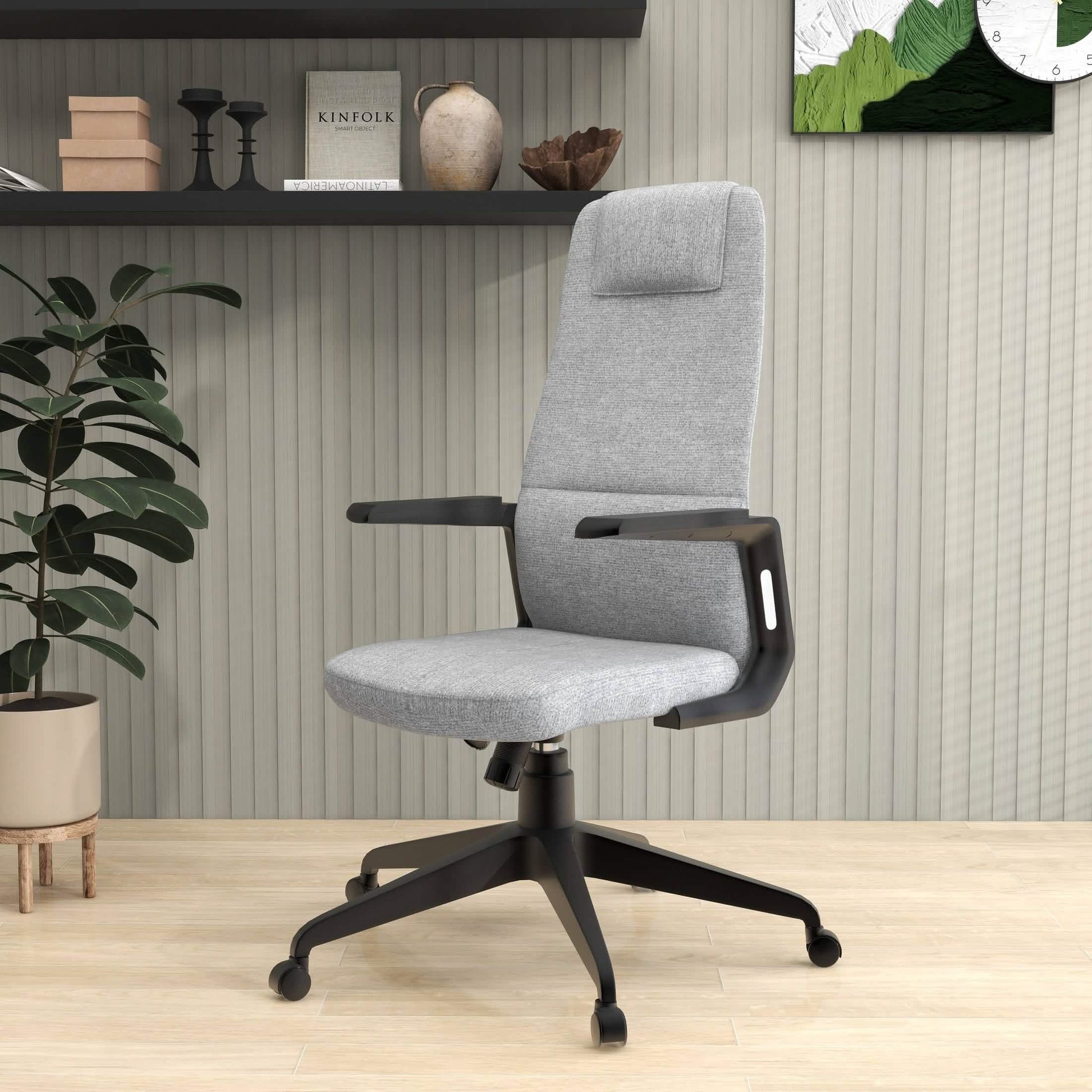 Nexa High-Back Conference Office Chair in Leather/Polyester Adjustable Height Swivel and Tilt Grey Polyester Office Chair Leisuremod