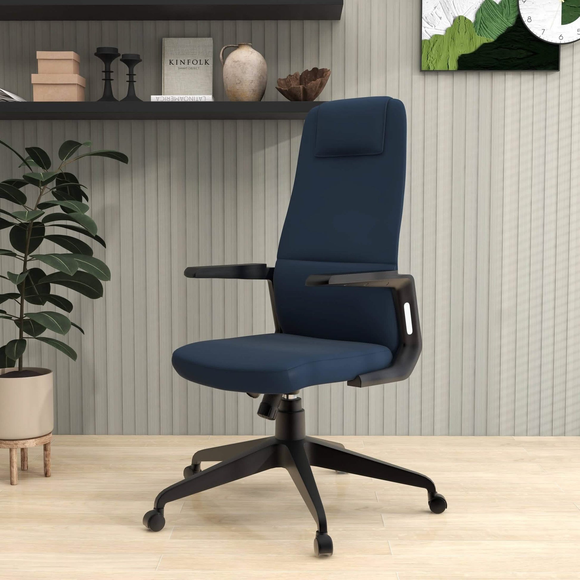 Nexa High-Back Conference Office Chair in Leather/Polyester Adjustable Height Swivel and Tilt Blue Leather Office Chair Leisuremod