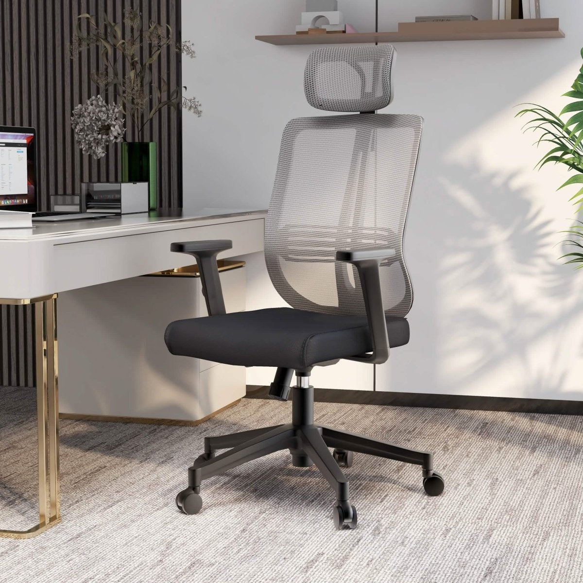 Nift Adjustable Upholstered Office Chair with Foam Filled Seat and Mesh Back and Headrest White Office Chair Leisuremod