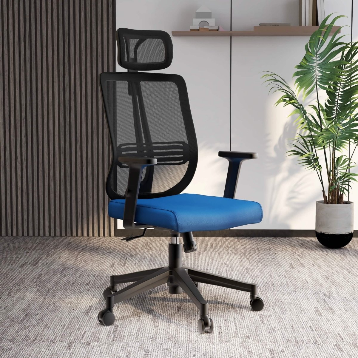 Nift Adjustable Upholstered Office Chair with Foam Filled Seat and Mesh Back and Headrest Blue Office Chair Leisuremod