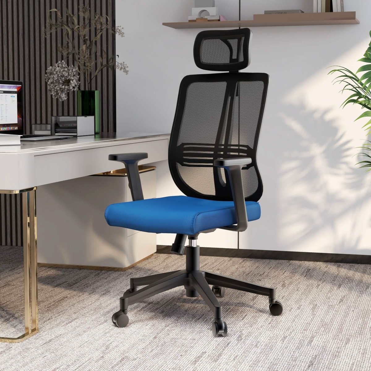 Nift Adjustable Upholstered Office Chair with Foam Filled Seat and Mesh Back and Headrest Blue Office Chair Leisuremod