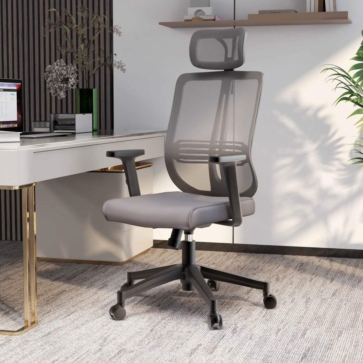 Nift Adjustable Upholstered Office Chair with Foam Filled Seat and Mesh Back and Headrest Grey Office Chair Leisuremod