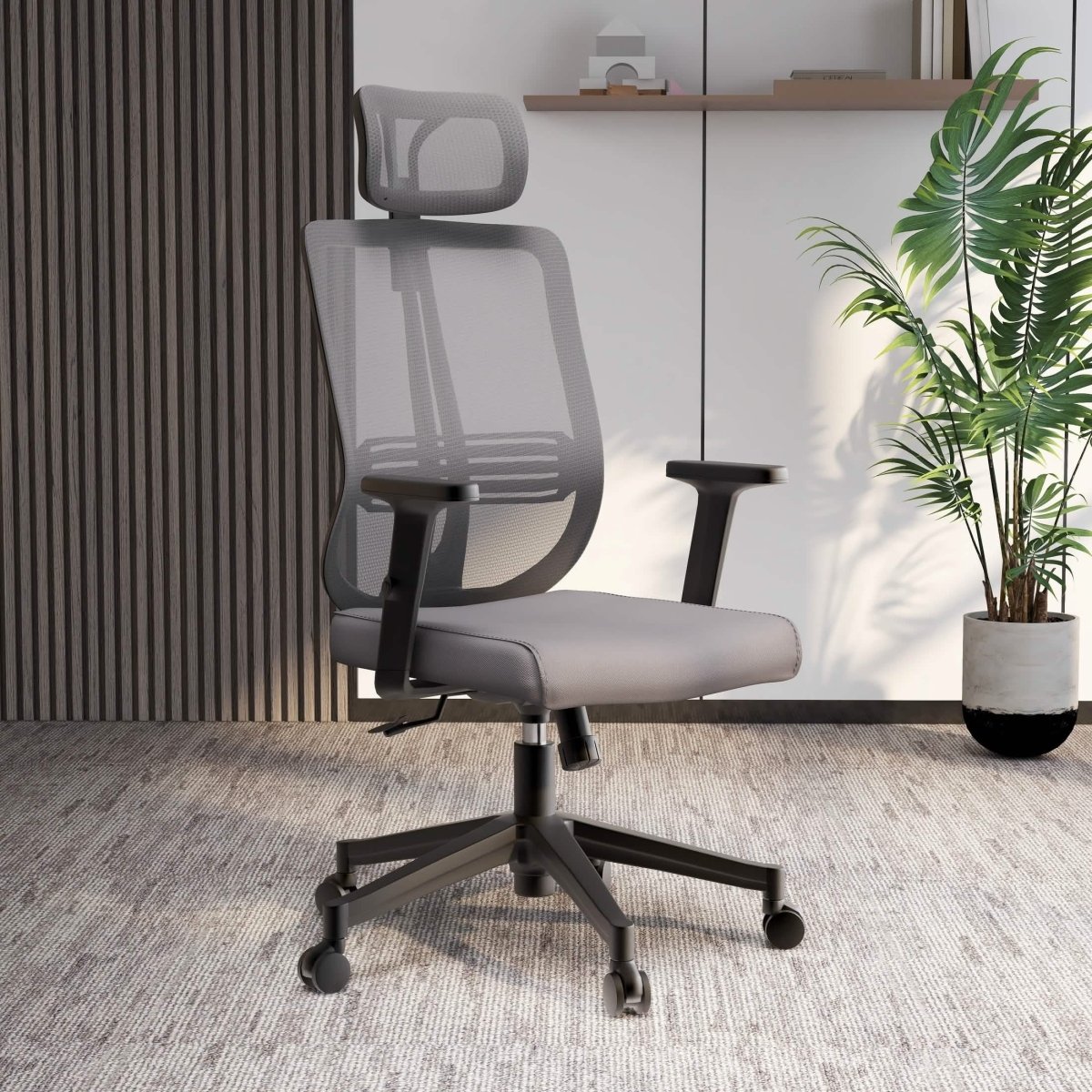 Nift Adjustable Upholstered Office Chair with Foam Filled Seat and Mesh Back and Headrest Grey Office Chair Leisuremod