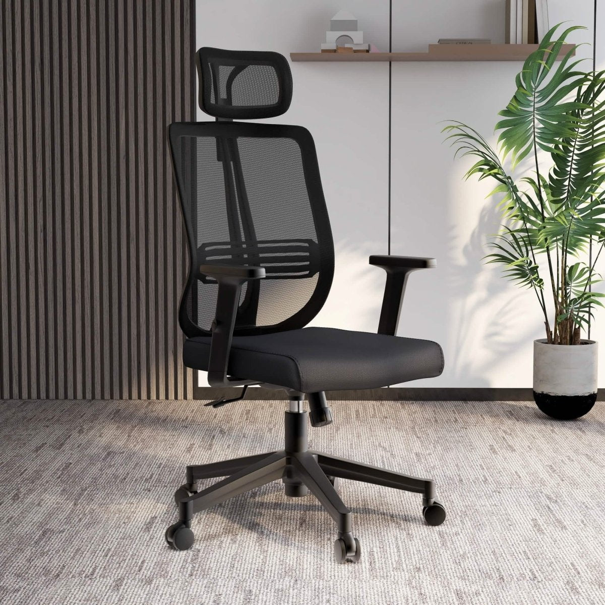 Nift Adjustable Upholstered Office Chair with Foam Filled Seat and Mesh Back and Headrest Black Office Chair Leisuremod