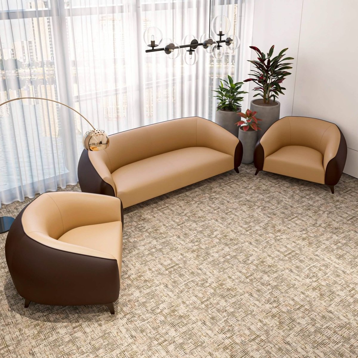 Opula 3-Piece Leather Sofa Set with Solid Wood Frame and Stainless Steel Legs Brown Leisuremod