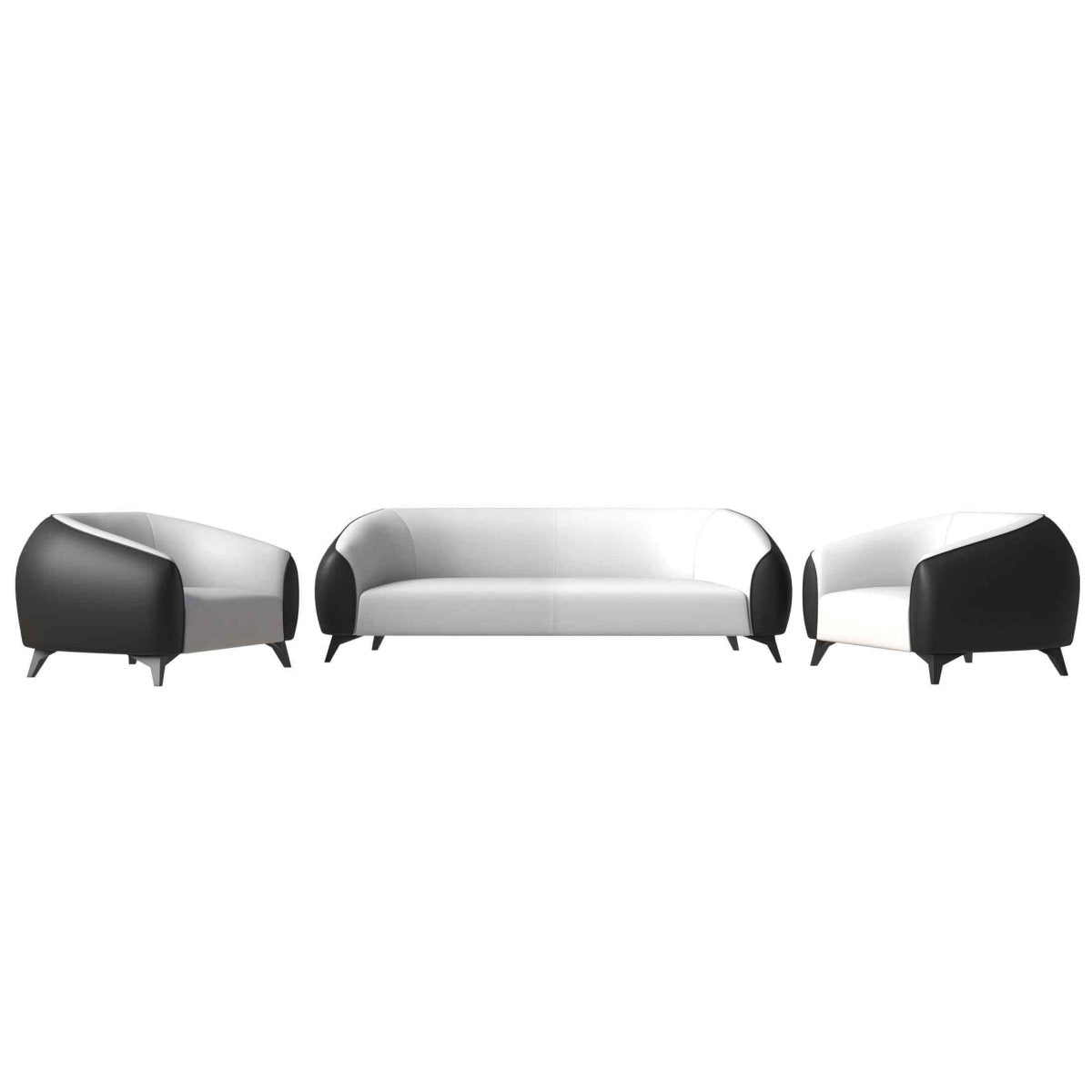 Opula 3-Piece Leather Sofa Set with Solid Wood Frame and Stainless Steel Legs Black White Leisuremod