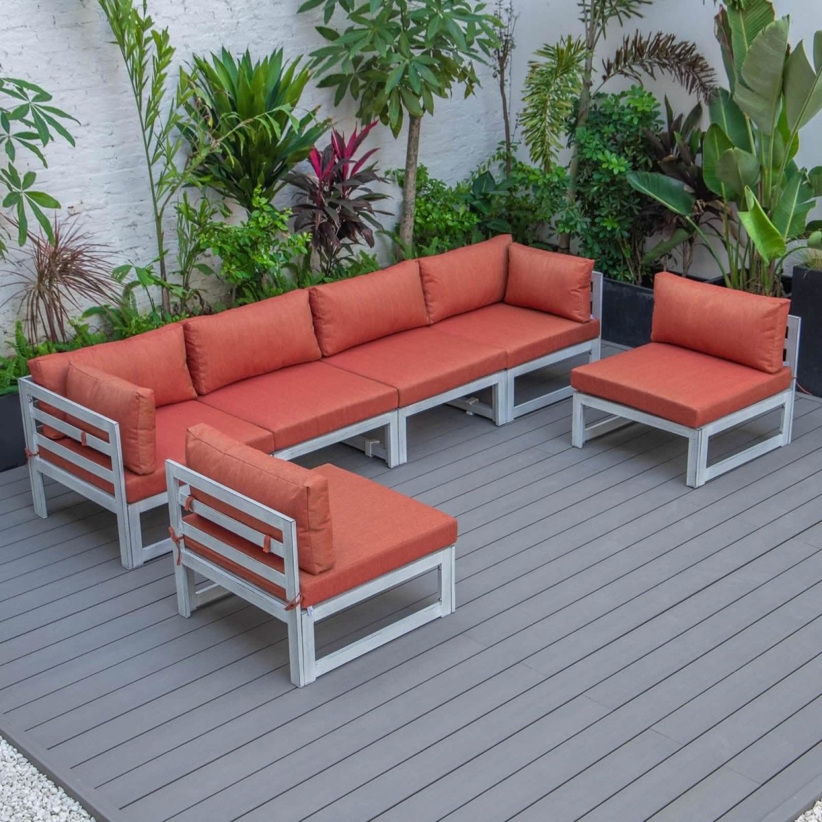 Chelsea 6-Piece Patio Sectional In Weathered Grey Aluminum With Cushions Orange Leisuremod