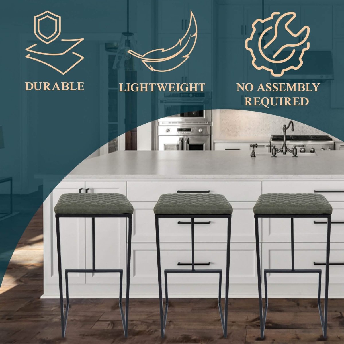 Quincy Leather Bar Stools With Metal Frame Olive Green Leisuremod