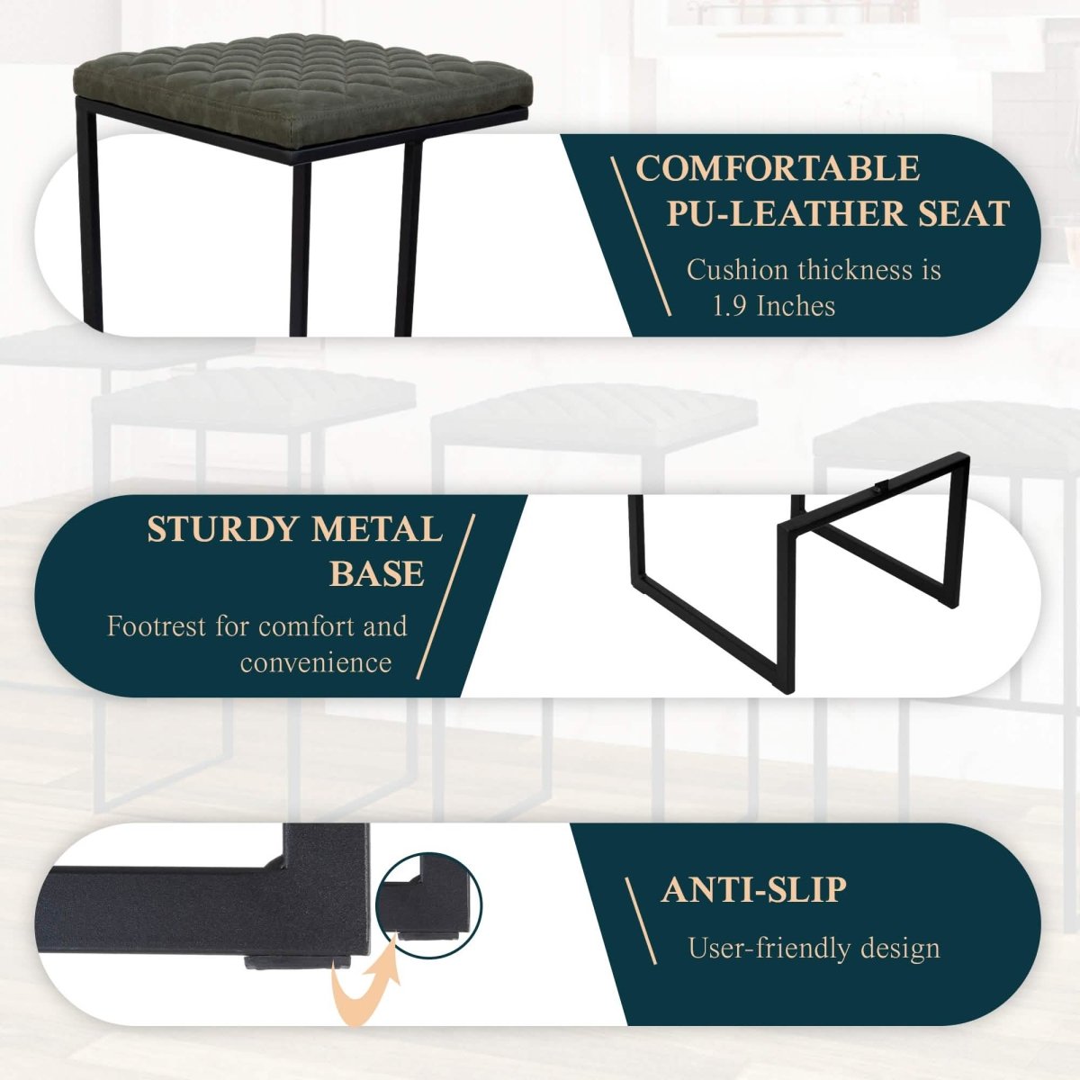 Quincy Leather Bar Stools With Metal Frame Olive Green Leisuremod