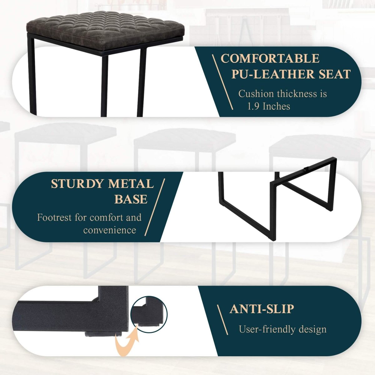 Quincy Leather Bar Stools With Metal Frame Olive Green Leisuremod