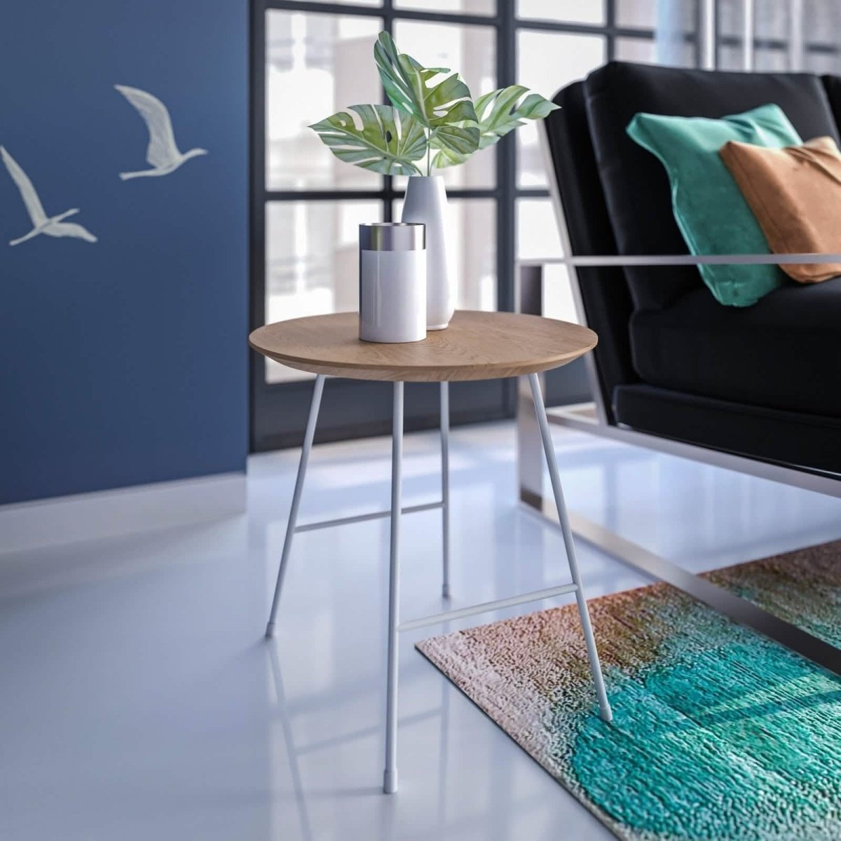 Rossmore Round Side Table with MDF Wood Tabletop in White Steel Natural Wood Leisuremod