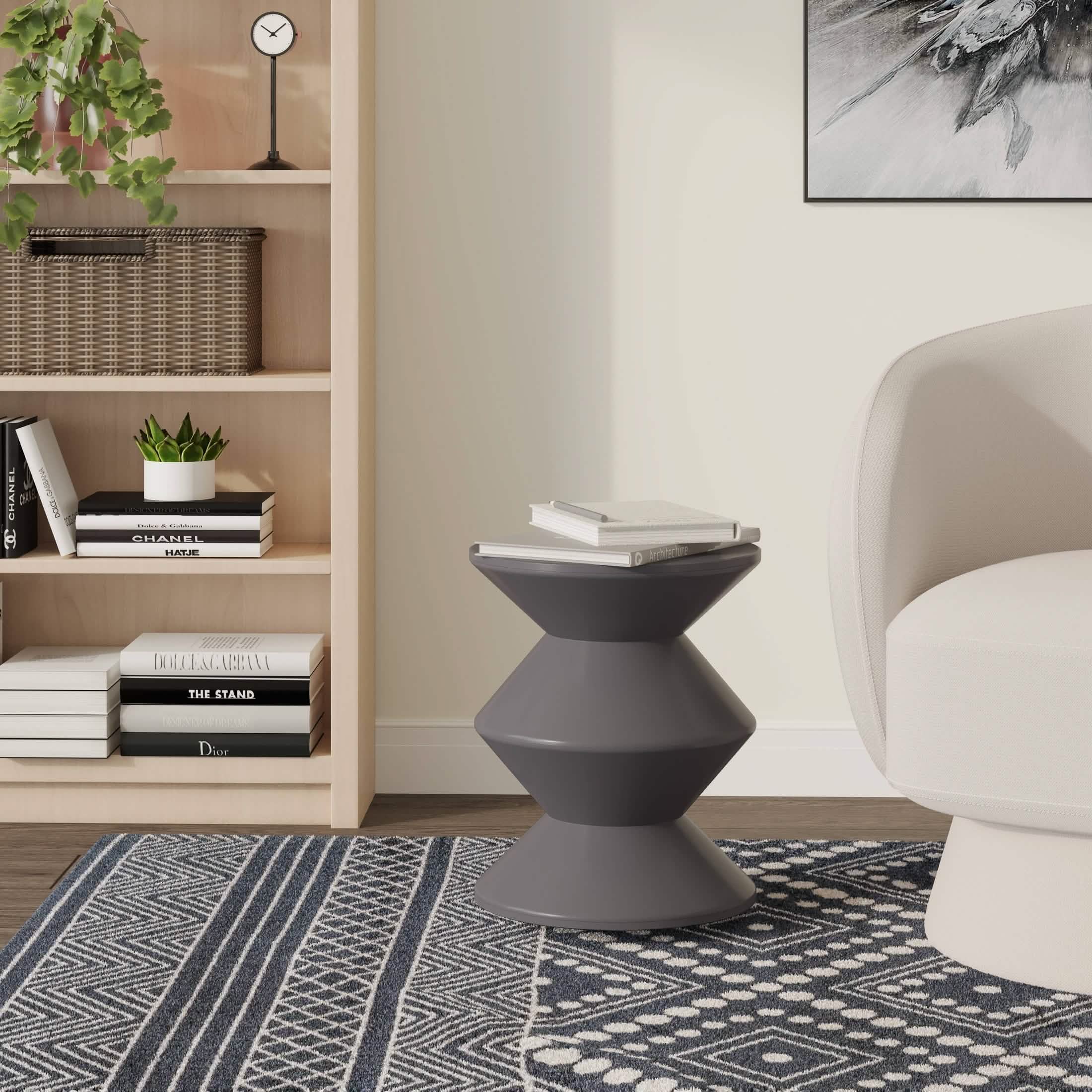 Aura Round Side Table in ABS Plastic With Contemporary Double-Hourglass Design Grey Side Table Leisuremod