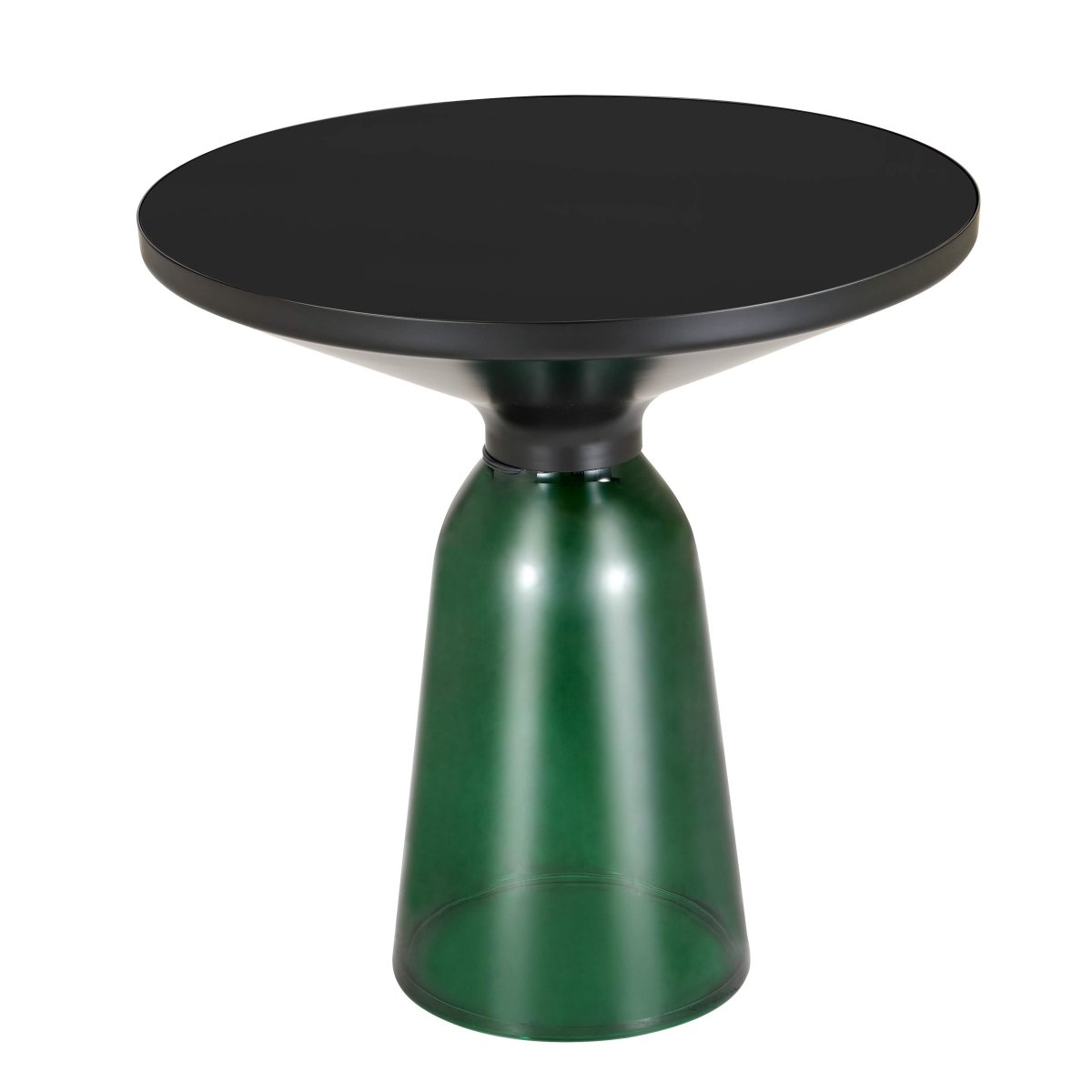 Tully 19-Inch Round Glass/Stone Side Table with Iron Rim Frame and Glass Base Black Glass Green Black Side Table Leisuremod