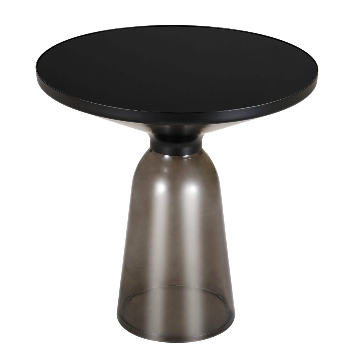 Tully 19-Inch Round Glass/Stone Side Table with Iron Rim Frame and Glass Base Black Glass Grey Black Side Table Leisuremod