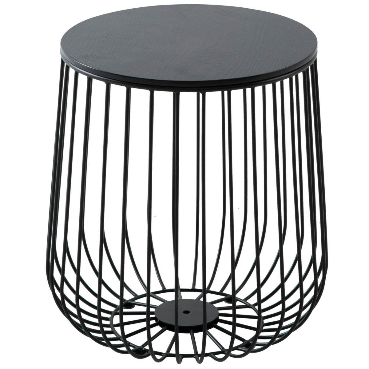 Runswick Round End Table Wood Tabletop With Steel Drum Base for Storage Black Side Table Leisuremod