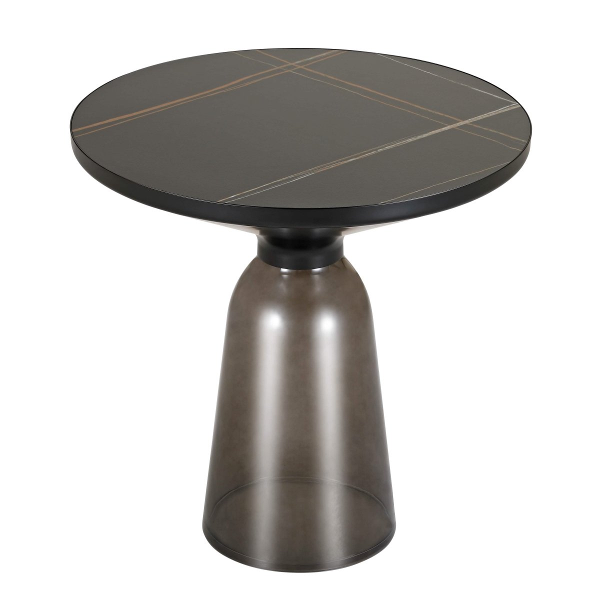 Tully 19-Inch Round Glass/Stone Side Table with Iron Rim Frame and Glass Base Black Stone Grey Black Stone Side Table Leisuremod