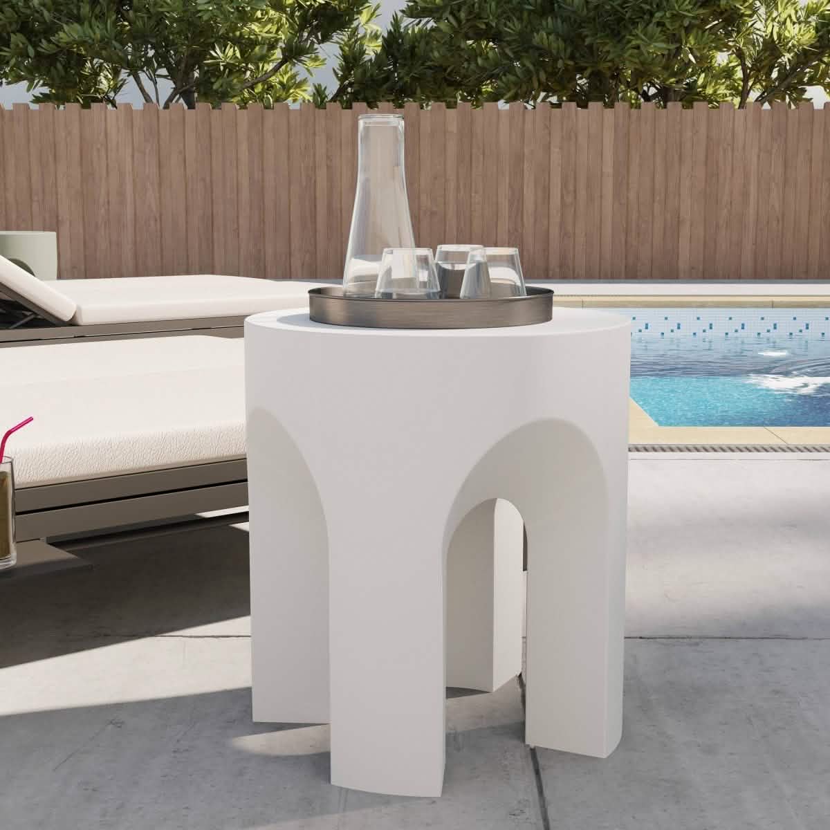 Crus Fiberstone Outdoor Side Table With Arched Base Design White Side Table Leisuremod