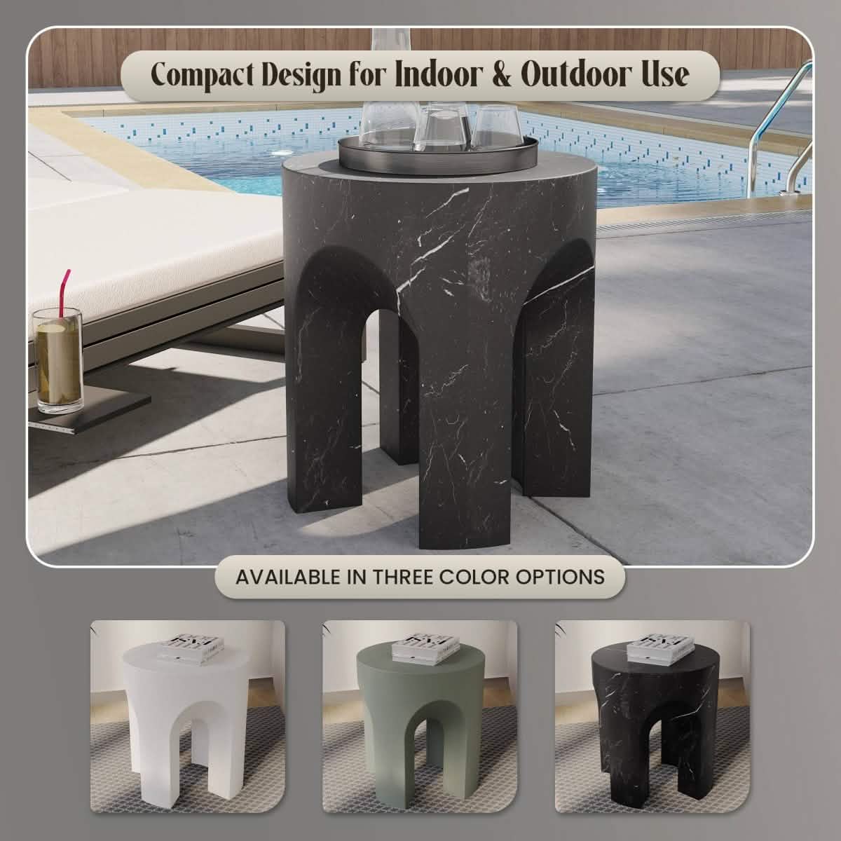 Crus Fiberstone Outdoor Side Table With Arched Base Design Marbleized Black Side Table Leisuremod