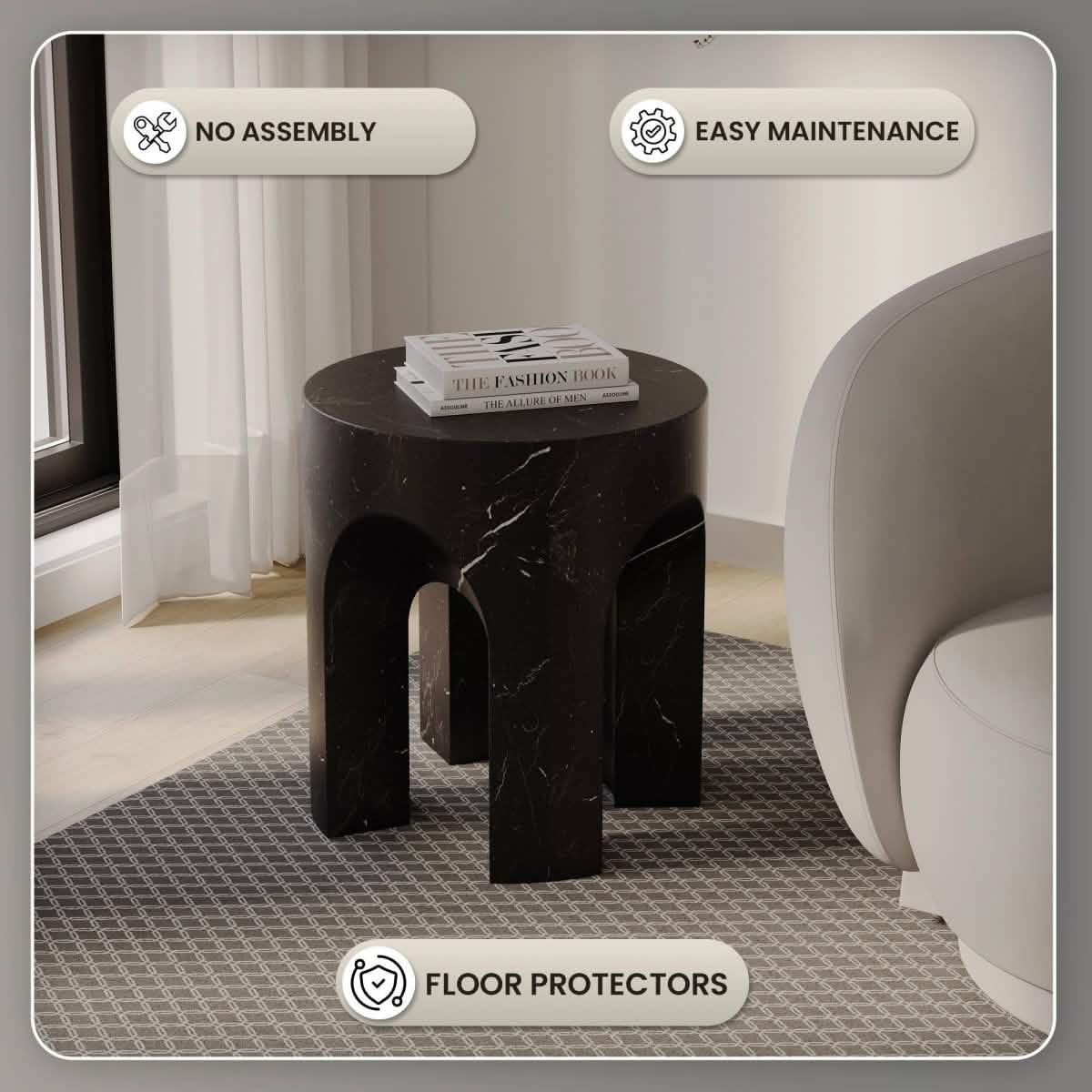 Crus Fiberstone Outdoor Side Table With Arched Base Design Marbleized Black Side Table Leisuremod