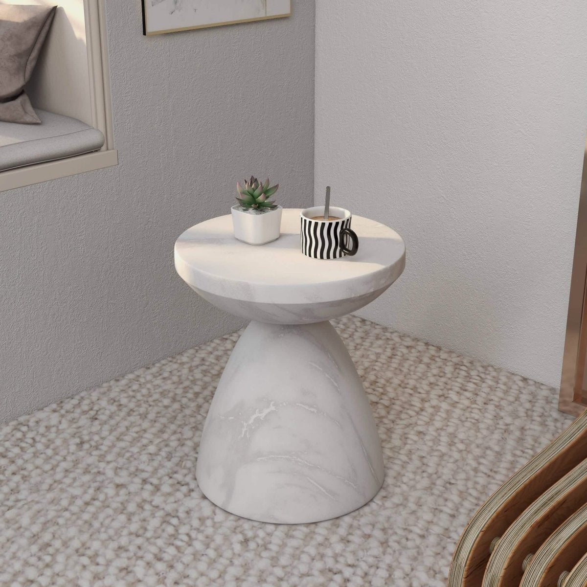 Dune Side Table Fiberstone Round Accent Table and Hourglass Pedestal Base Marble White Side Table LeisureMod