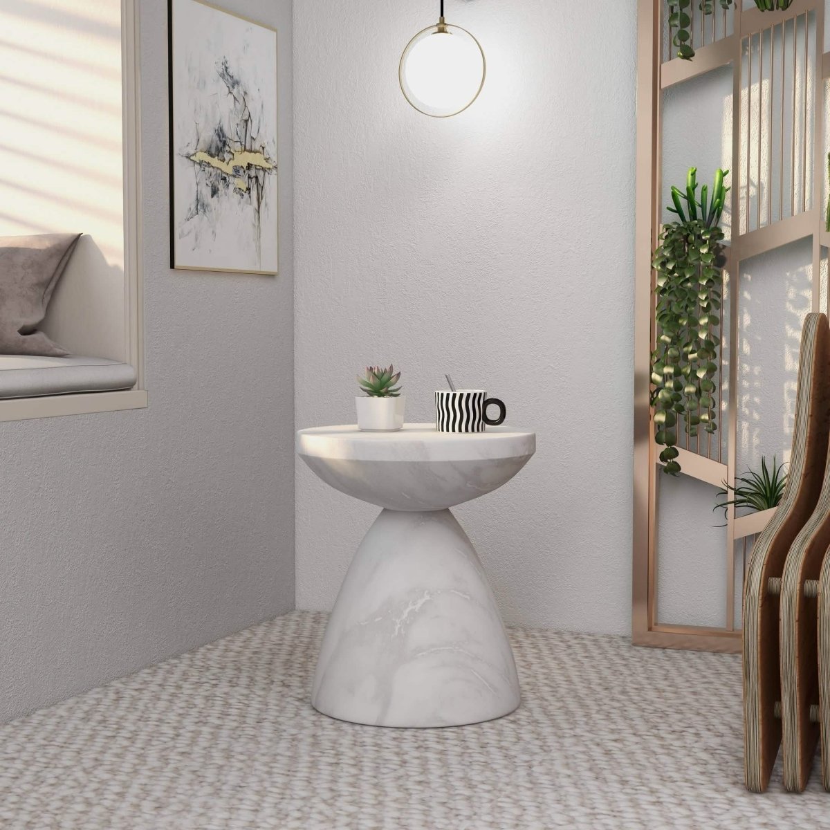 Dune Side Table Fiberstone Round Accent Table and Hourglass Pedestal Base Marble White Side Table LeisureMod